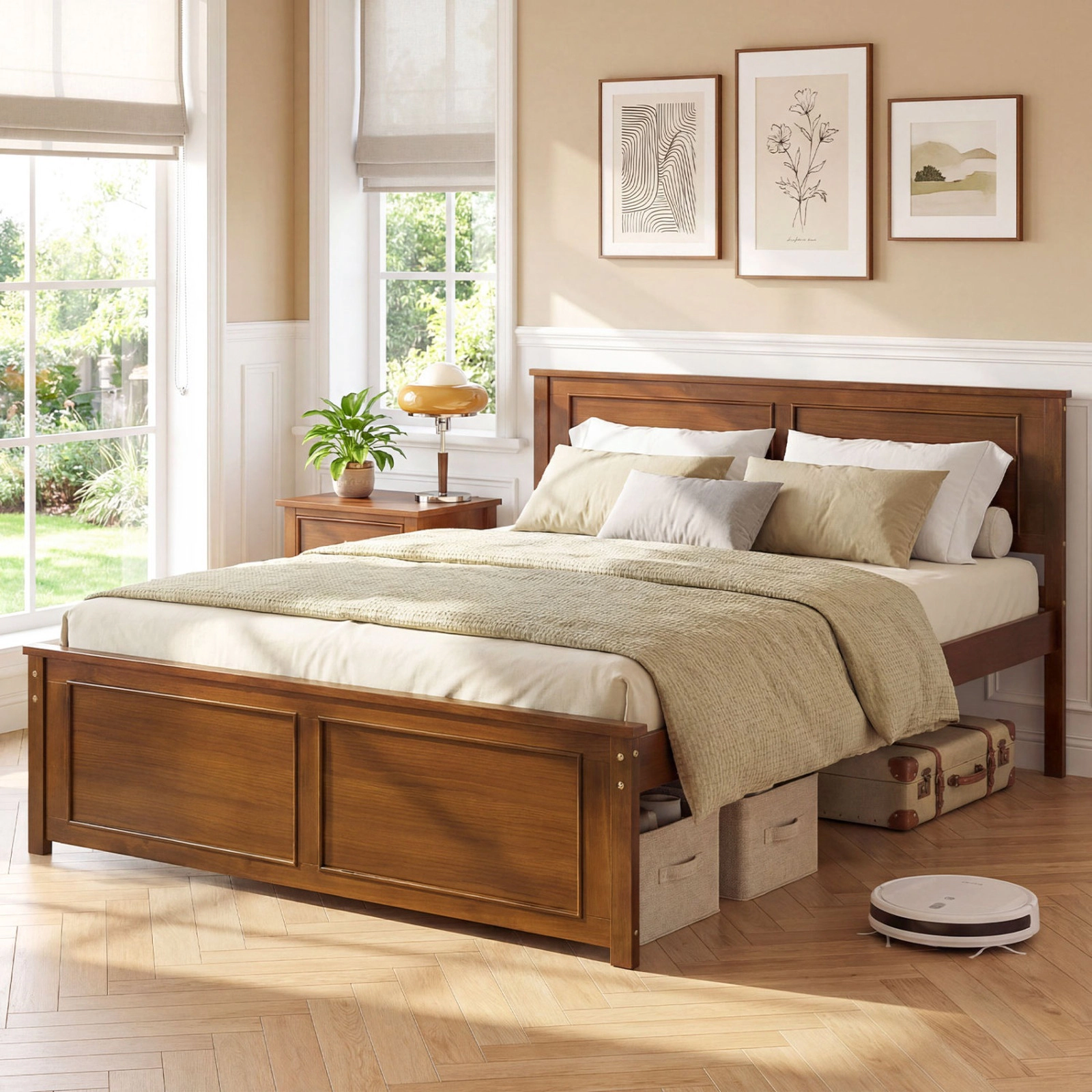 SUGIFT Solid Wood Platform Bed Frame with Headboard 600-lb Capacity 12-in Underbed Clearance Full Size Walnut