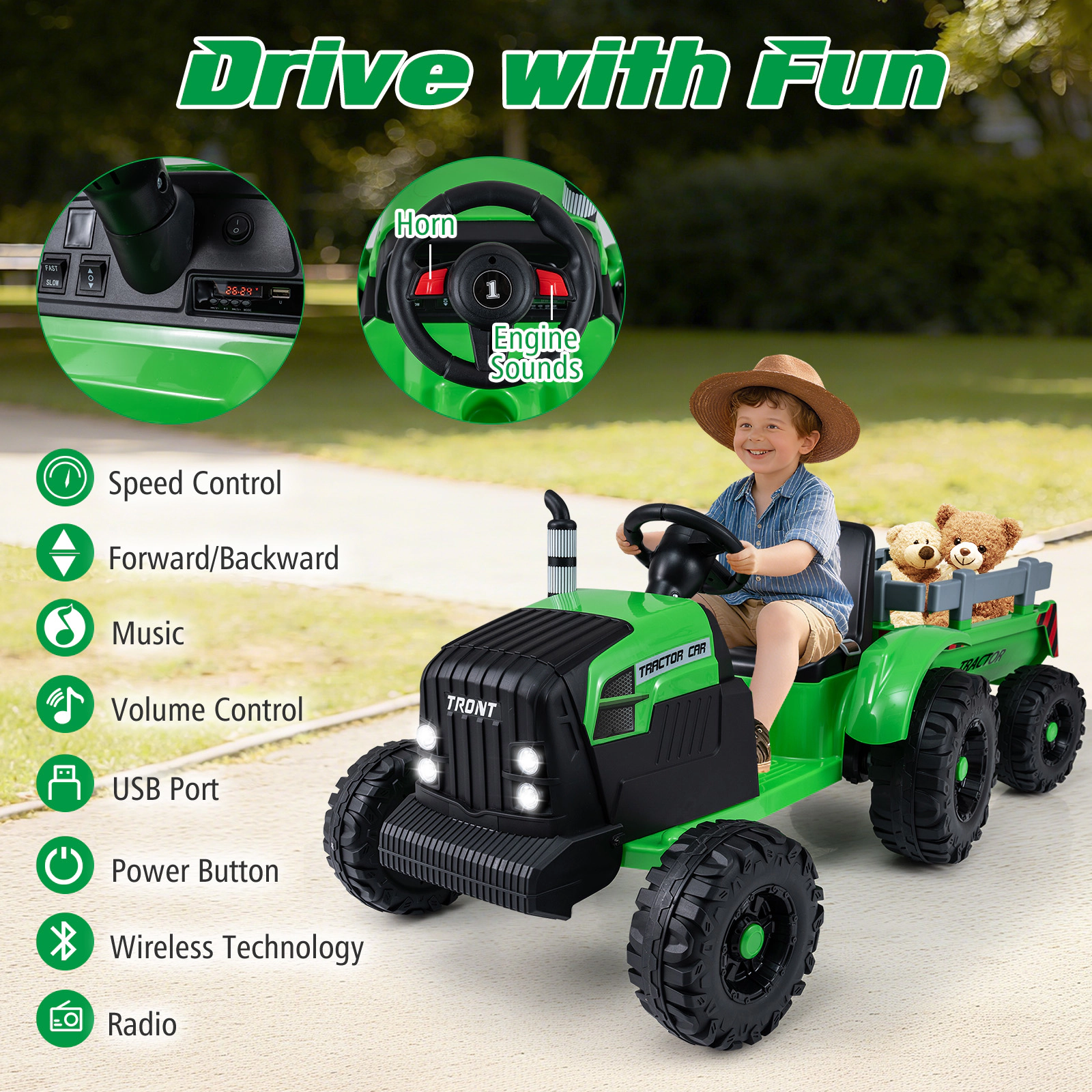 SUGIFT 24V Electric Ride On Tractor with Detachable Trailer and Remote Control 77-lb Capacity Ages 3-8 Green