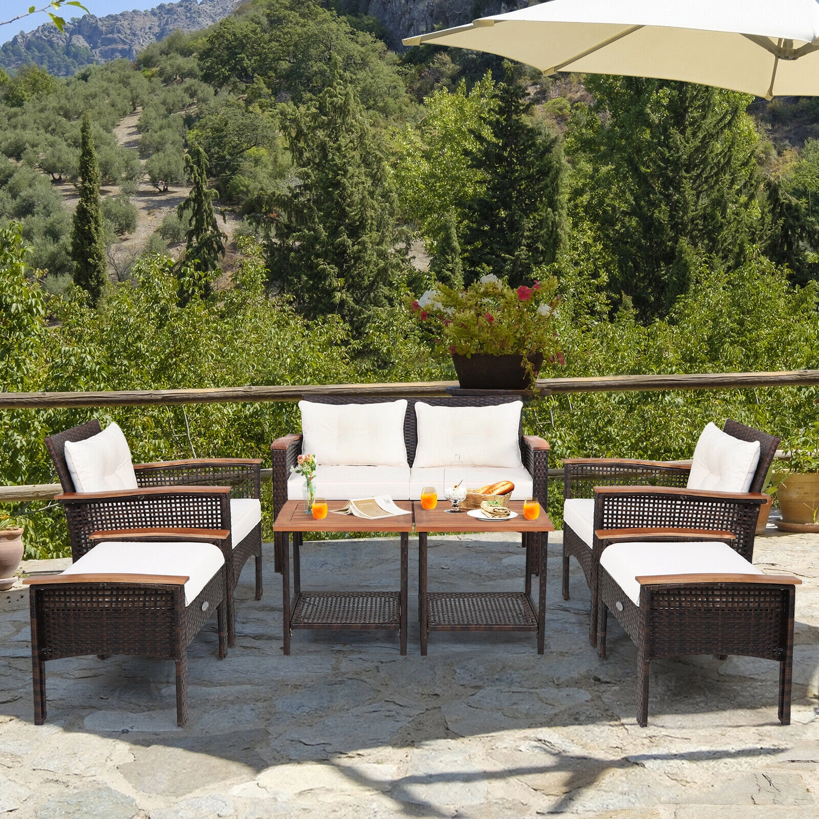 LJG 7 Pieces Patio Rattan Cushioned Conversation Furniture Set