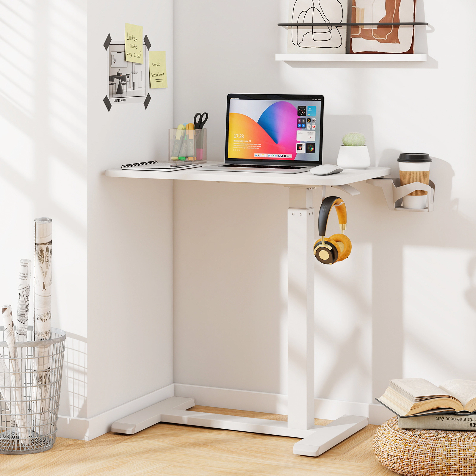 SUGIFT Height Adjustable Mobile Standing Desk Overbed Bedside Table 90-lb Capacity with Cup Holder White