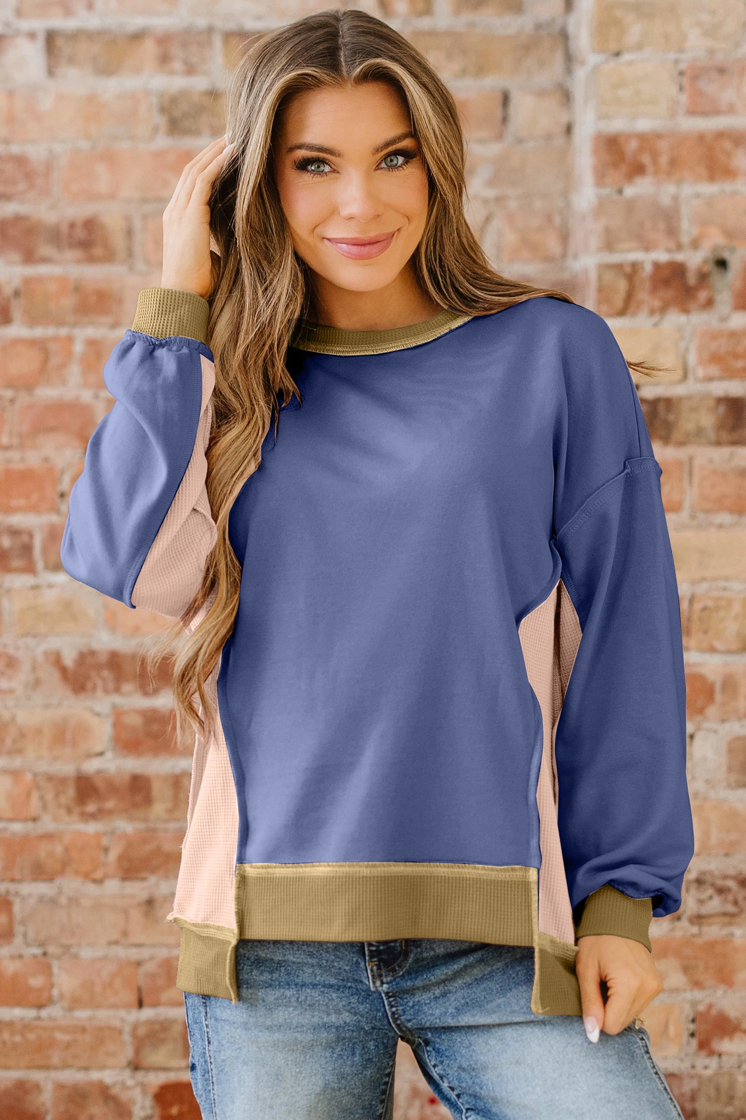 Threaded Pear Women's Alaina Waffle Patchwork Oversize Sweatshirt