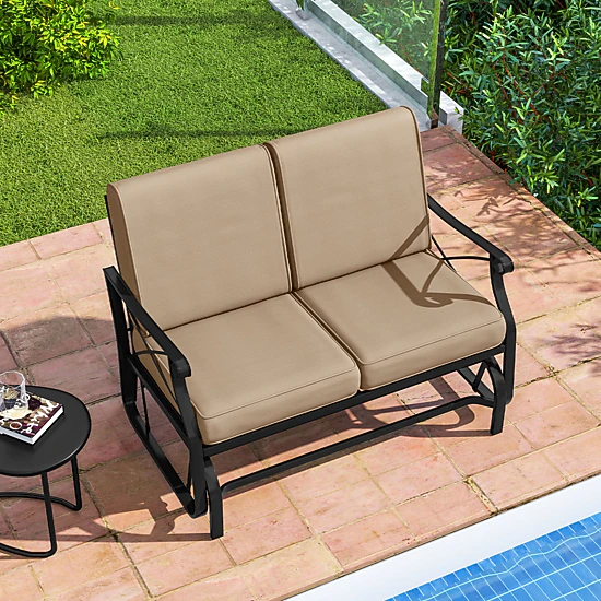 SUGIFT Outdoor 2-Person Glider Loveseat Brown with Thick Cushions and ...