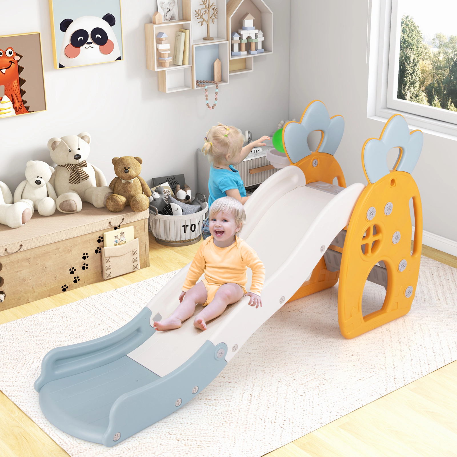 SUGIFT Basketball Hoop and Buffer Zone for Ages 3 and Up Foldable Kids Slide