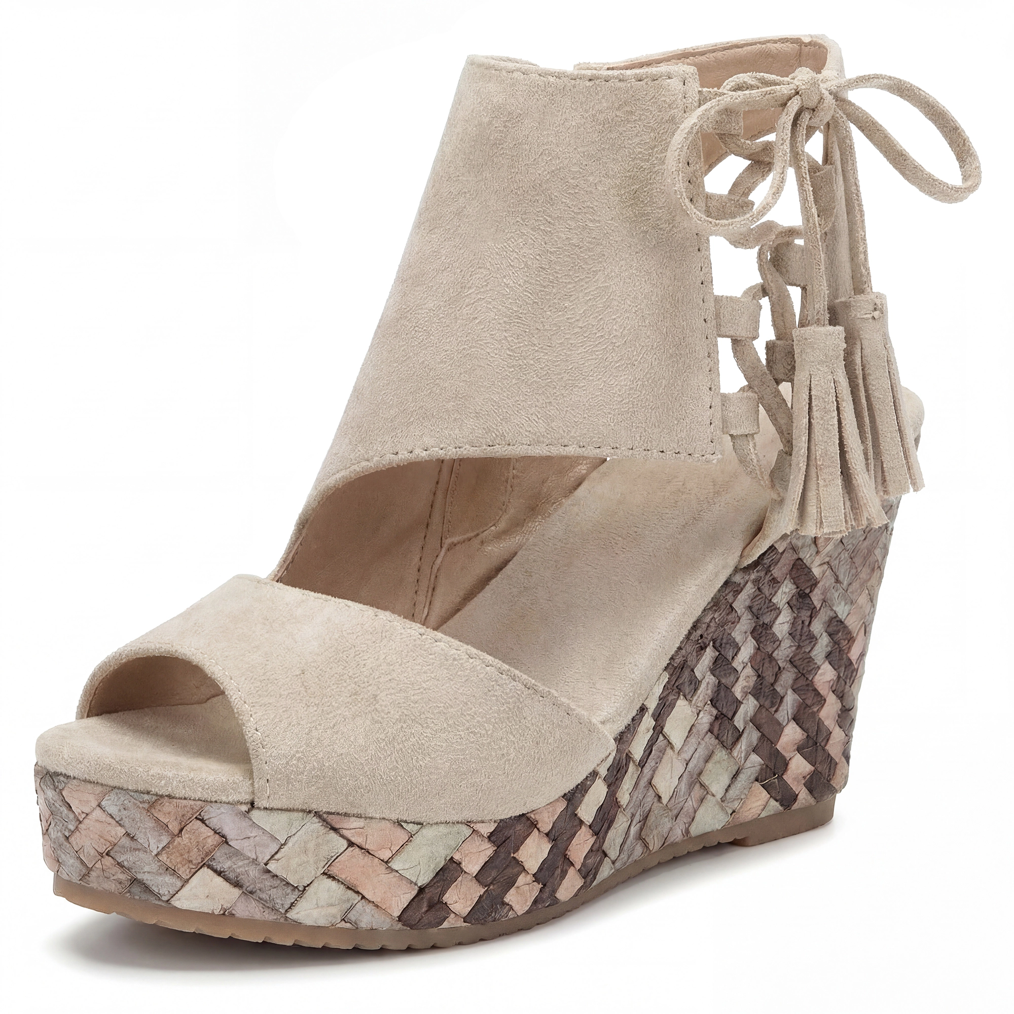 BLISSFUL STEP Women's Plaid Side Zipper Lace-Up Peep-Toe Platform Sandals