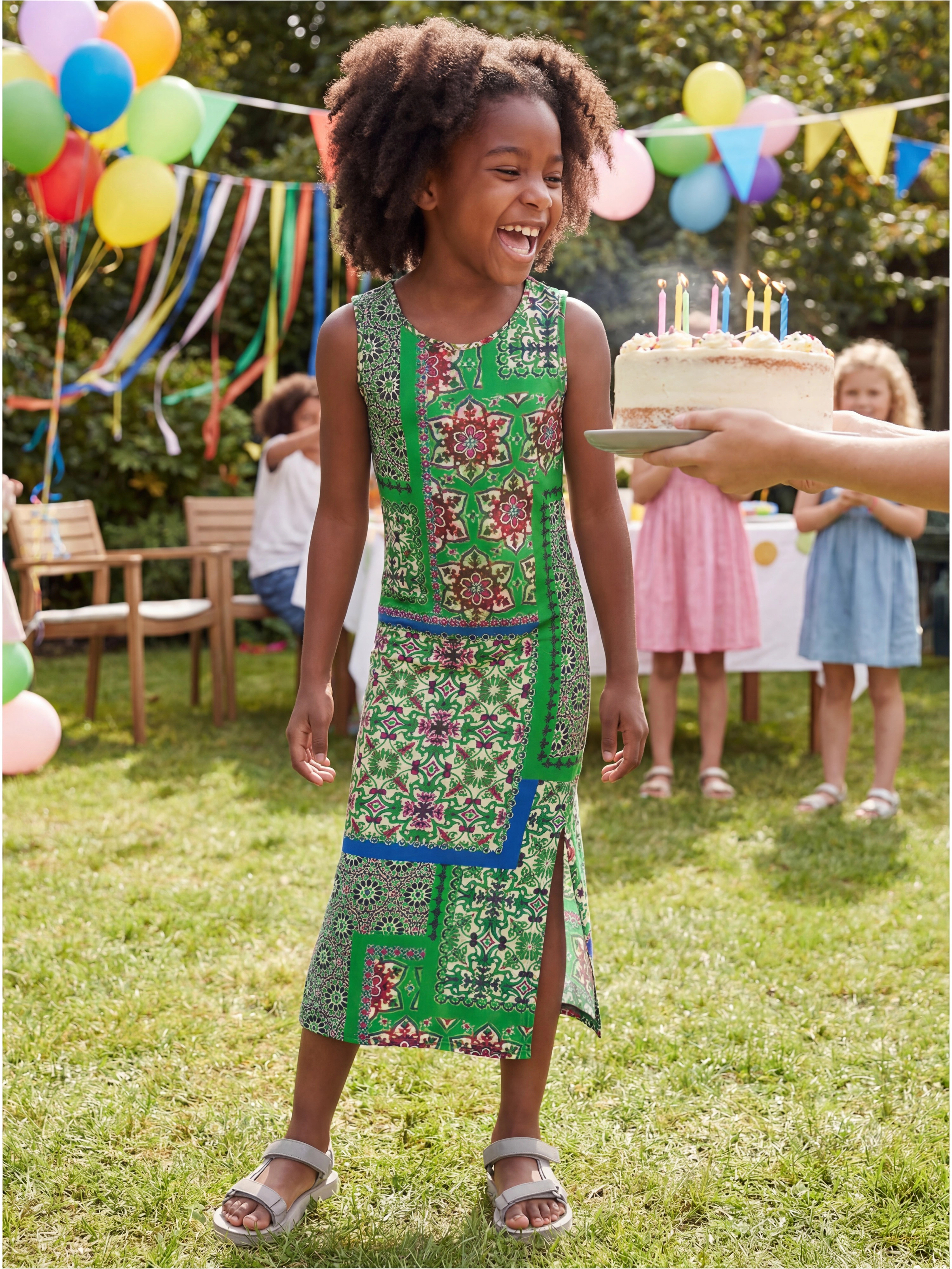 24sevenKid Essential Girls Green Scarf Print Side Slit Maxi Dress