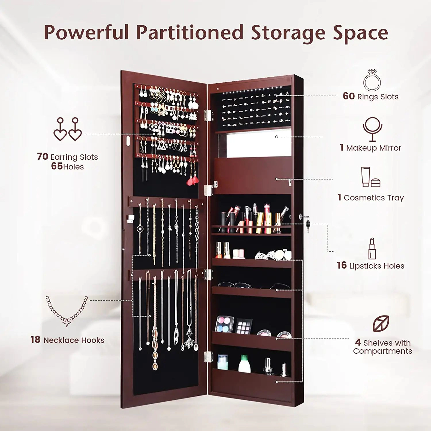 Slickblue 53.5 Inch Wall or Door Mounted Lockable Jewelry Cabinet with Mirror and LED Lights
