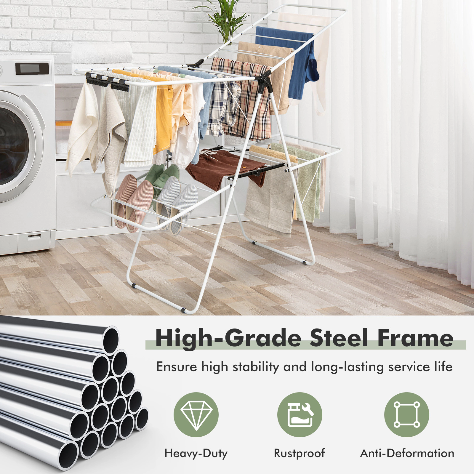 SUGIFT 2-Tier Foldable Clothes Drying Rack White with Adjustable Gullwing Arms
