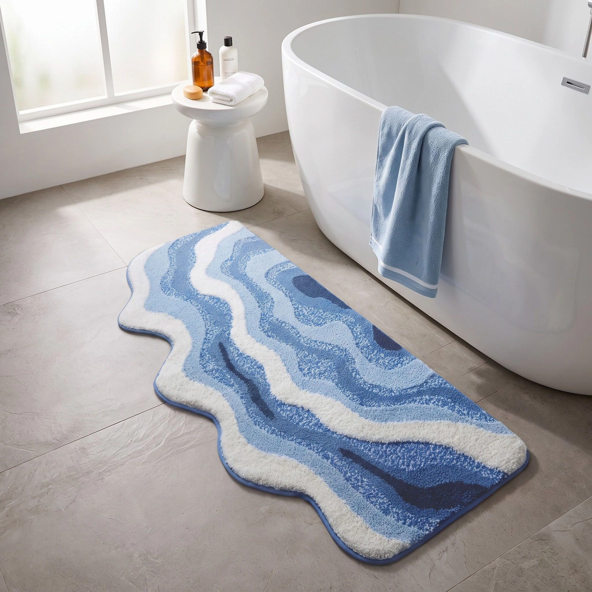 Alilang Unisex Abstract Ocean Wave Plush Bathroom Mat with Irregular Scalloped Edge
