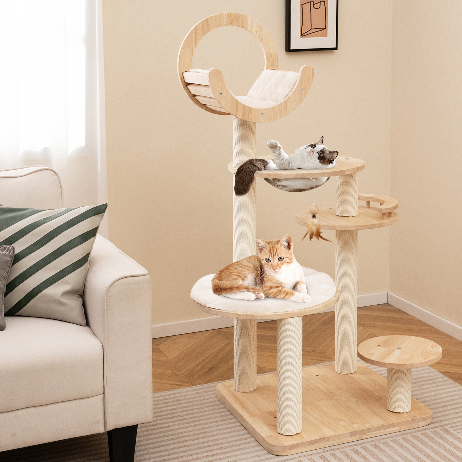 SUGIFT Beige 4-in-1 Large Wooden Cat Tower with Space Capsule Nest and Paper Rope Posts