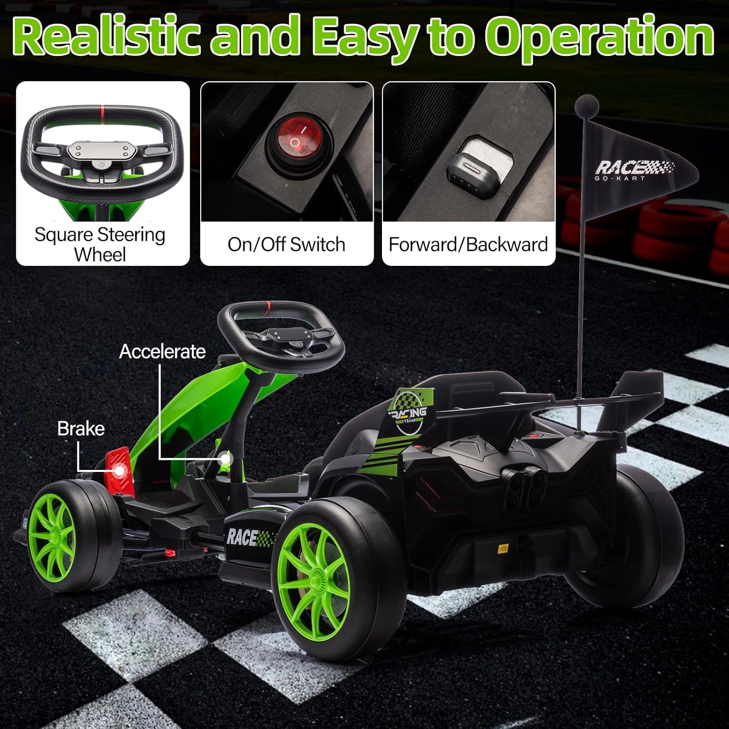 24V Kids Electric Go Kart, 7.5MPH Variable Drift Racing Car w/ 2×200W Motors, Adjustable Legroom, Power Display