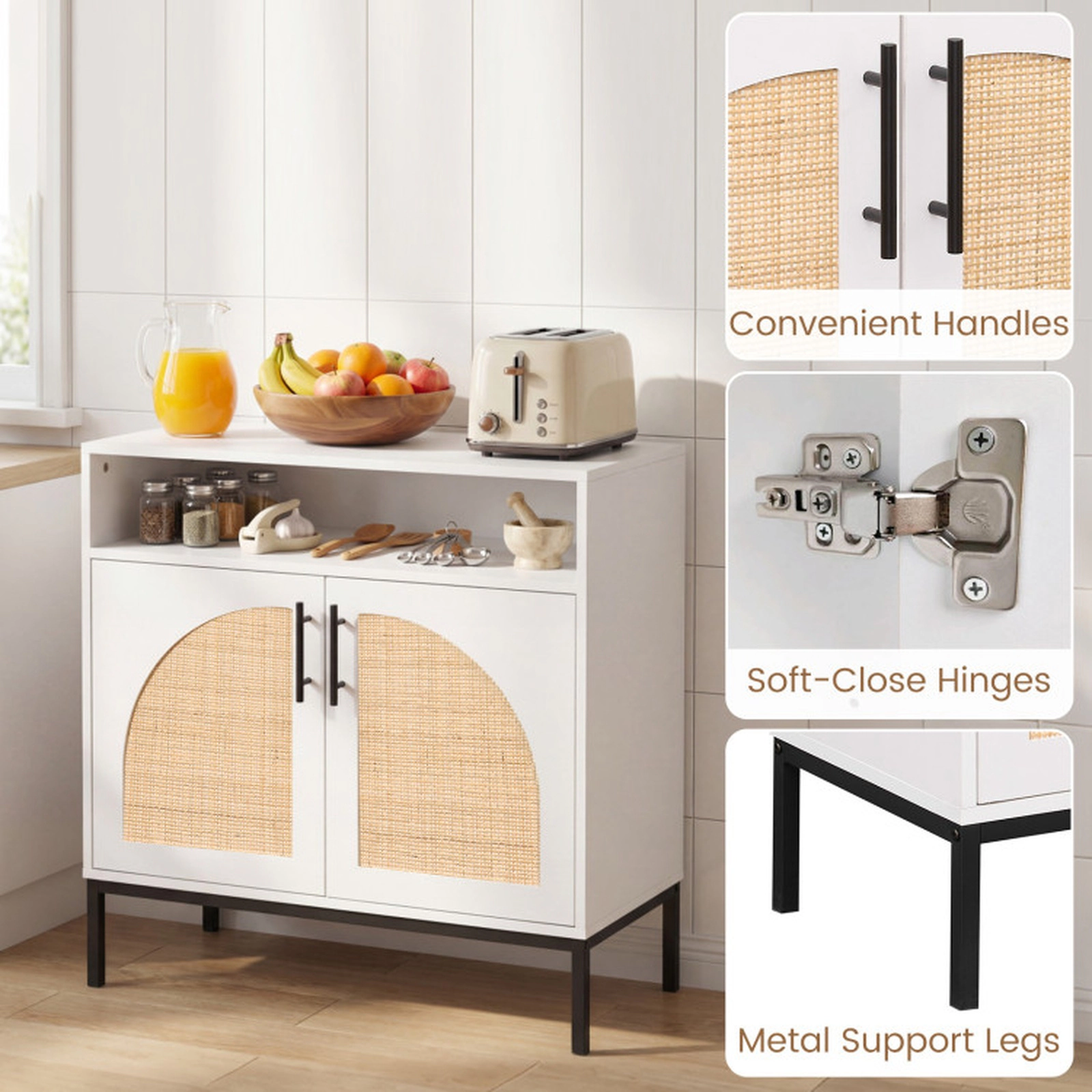 SUGIFT 2 Rattan Arch Doors Adjustable Shelf Buffet Sideboard 32-in x 15-in x 32.5-in 145-lb Capacity White
