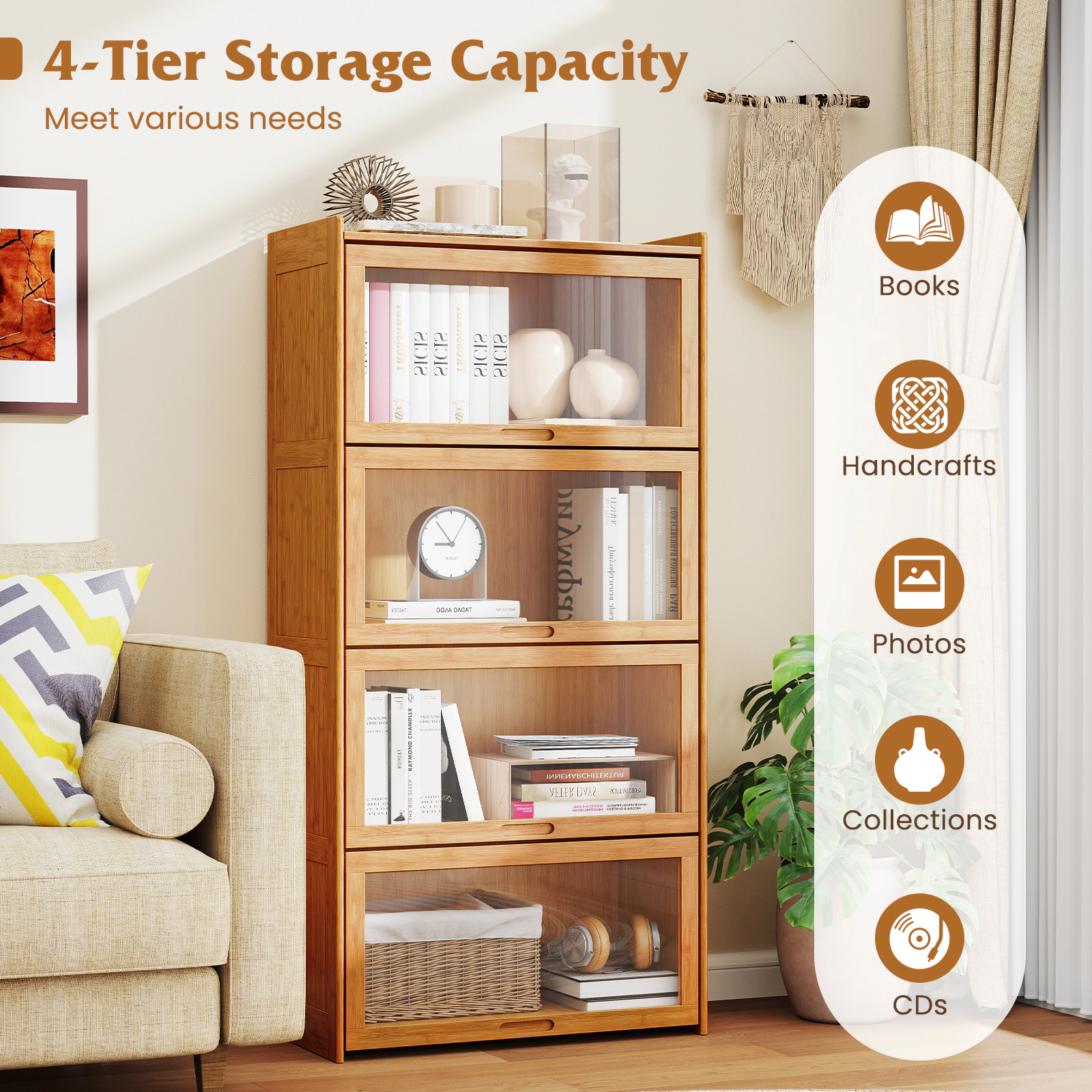 SUGIFT 4-Tier Bamboo Bookcase Acrylic Flip Doors 65-lb Tier Capacity 27-in Wide 55-in Tall Brown/Natural 2-Cube Per Tier
