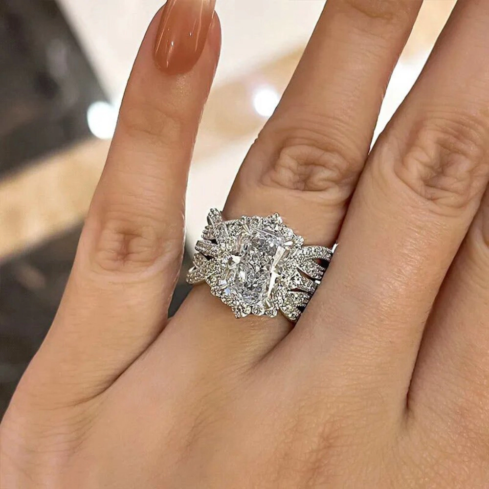 Wardrobe Whimsy Antique Halo Radiant Cut Cubic Zirconia Three Piece Bridal Ring Set
