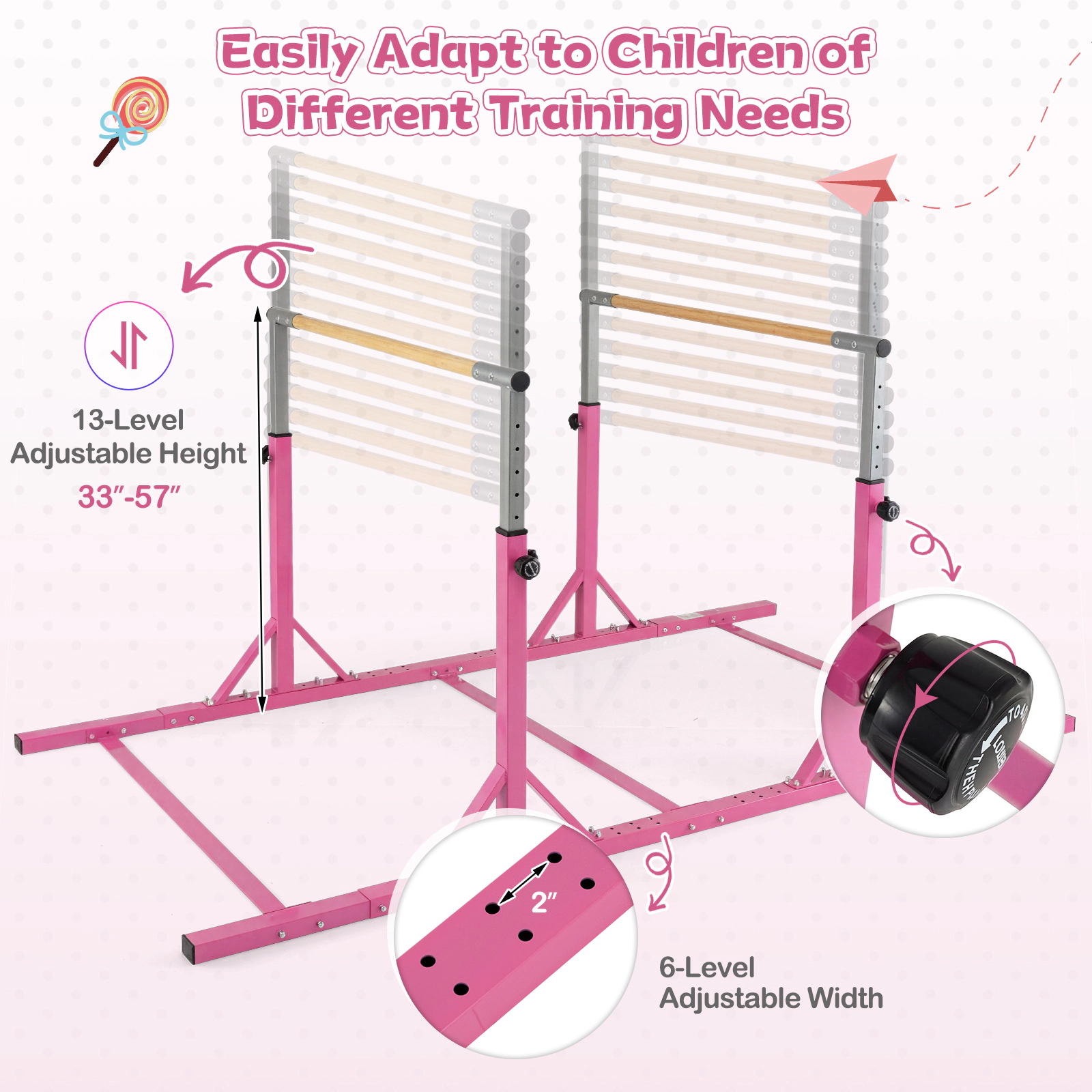 SUGIFT Kids Pink 8-ft Double Gymnastics Bars with 13-Level Height 98.5-in W 52-in D 350-lb Total Capacity
