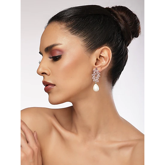 AGP PARIS Womens Marquise Leaf Pearl Drop Earrings