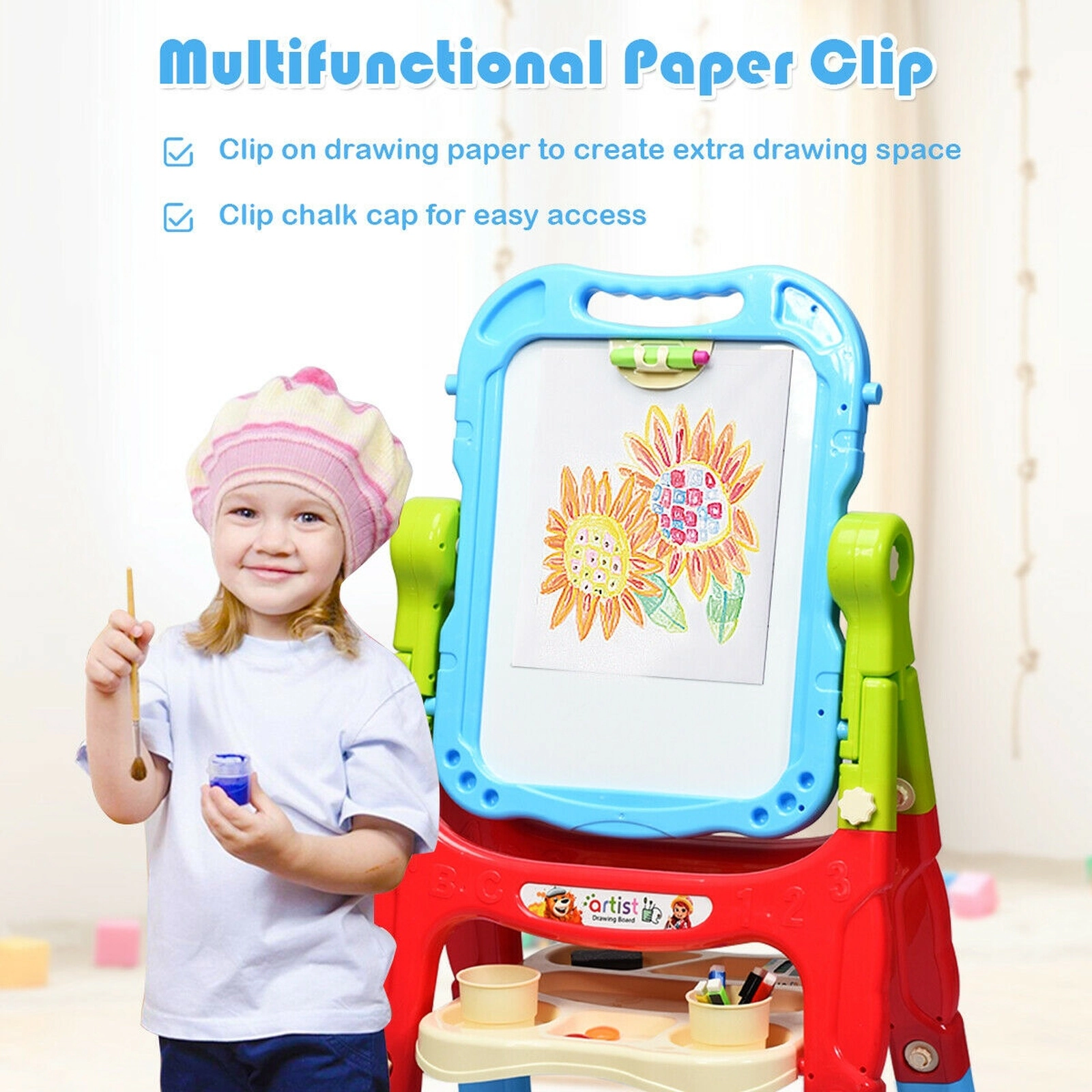 Height Adjustable Kids Easel 360-Degree Rotating Magnetic Double-Sided Board Detachable Panel 2 Leg Lengths Blue