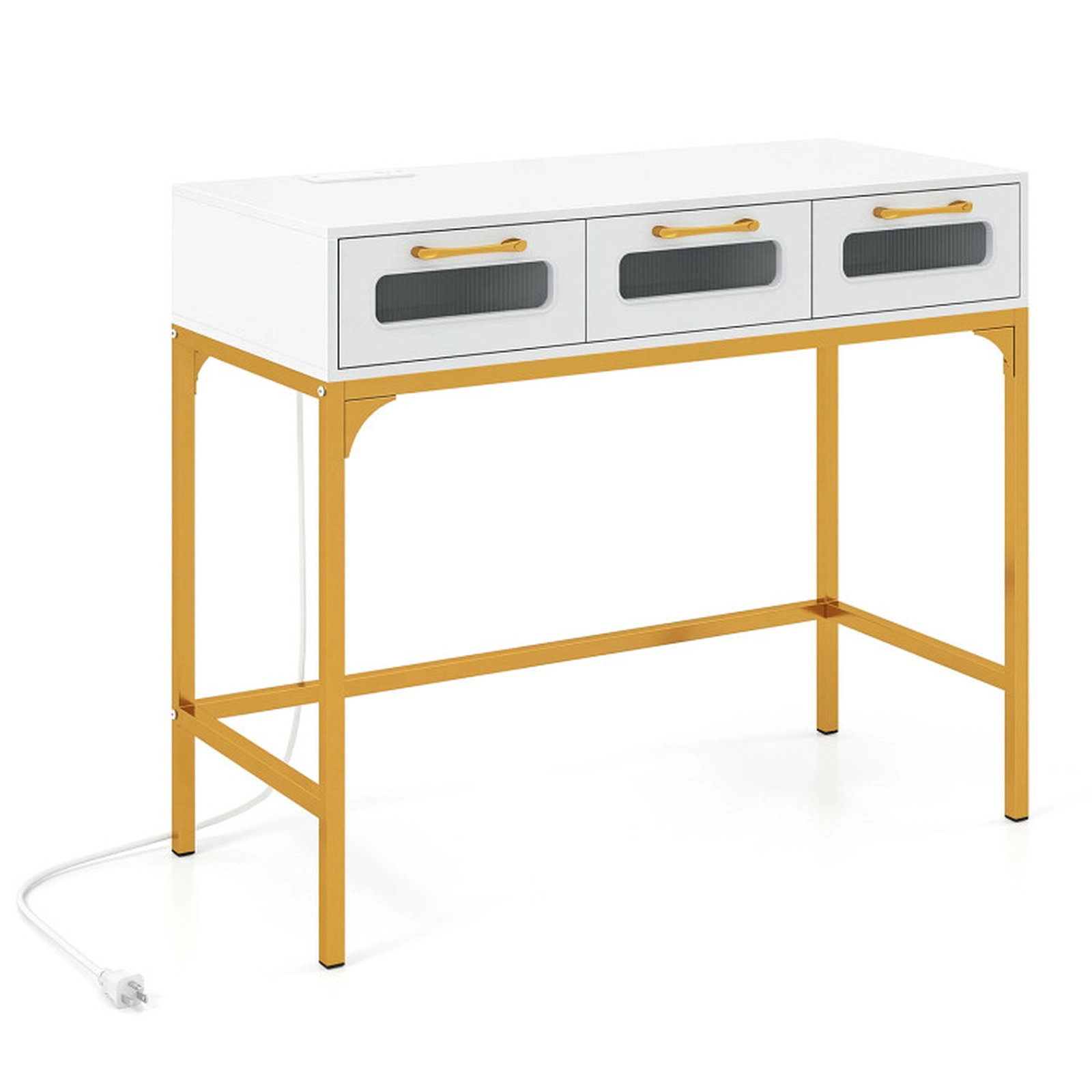 SUGIFT 3 Drawers LED Light Charging Station Gold Frame Console Table 35.5-in x 16-in x 29.5-in 100-lb Capacity White
