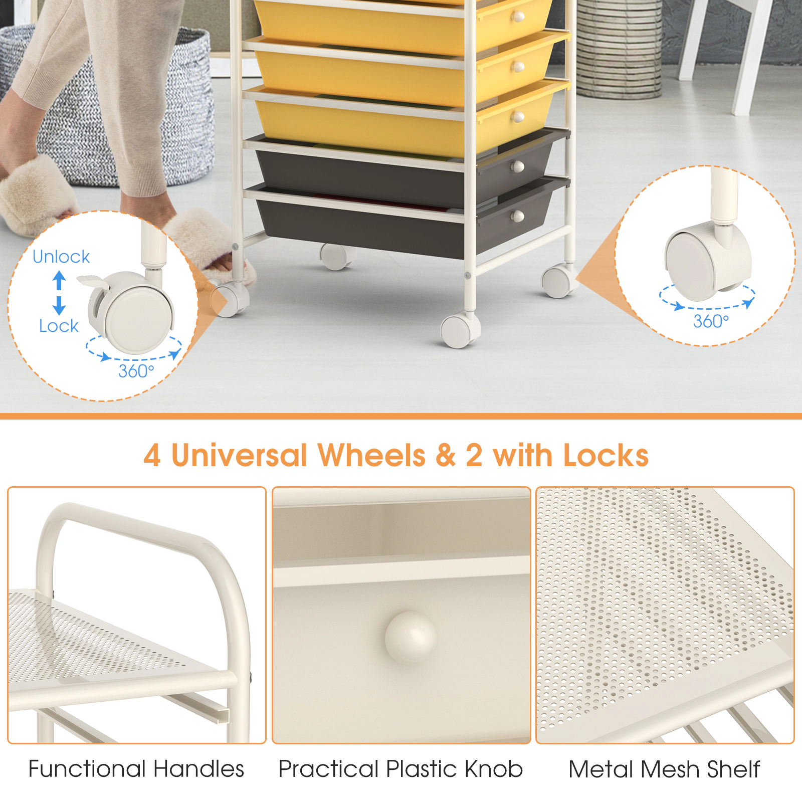 SUGIFT 10-Drawer Rolling Storage Cart Organizer with 4 Universal Casters 3-lb Drawer Capacity Yellow