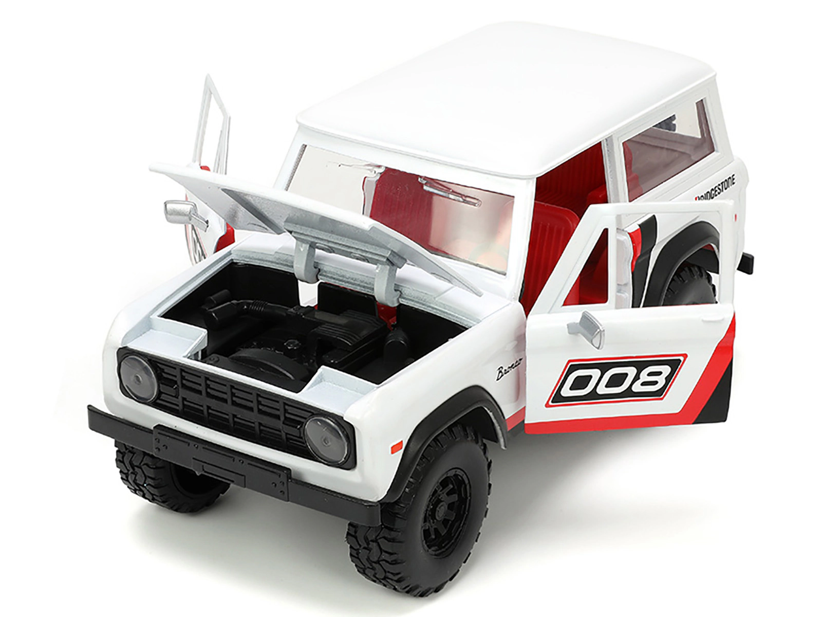 Jada 1973 Ford Bronco #008 White with Red and Black Stripes and Red Interior with Extra Wheels "Just Trucks"