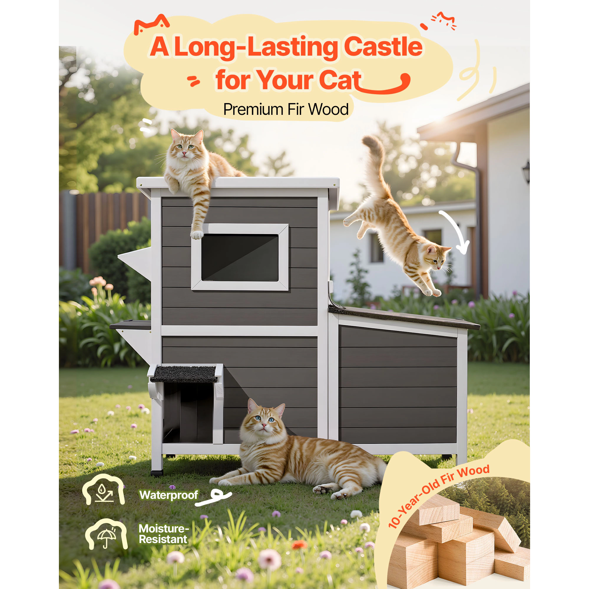 HONGGE Outdoor Wooden Cat House Shelter for Feral Cats in Winter with Waterproof Roof