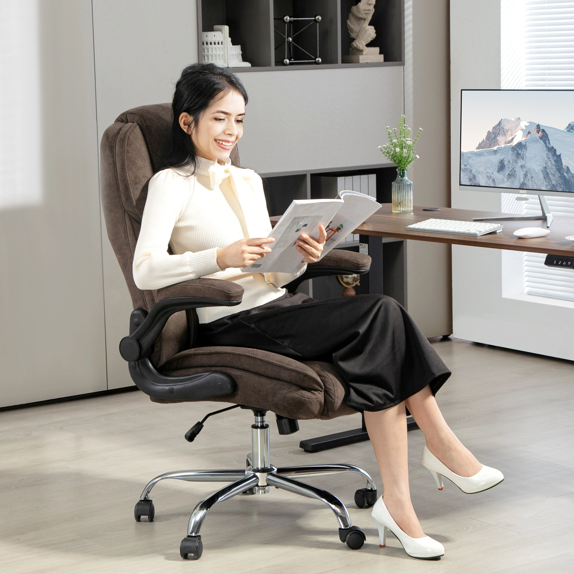 HONGGE Executive Office Chair, Desk Chair with Flip-up Armrest, Diamond Fabric Computer Chair for Home Office