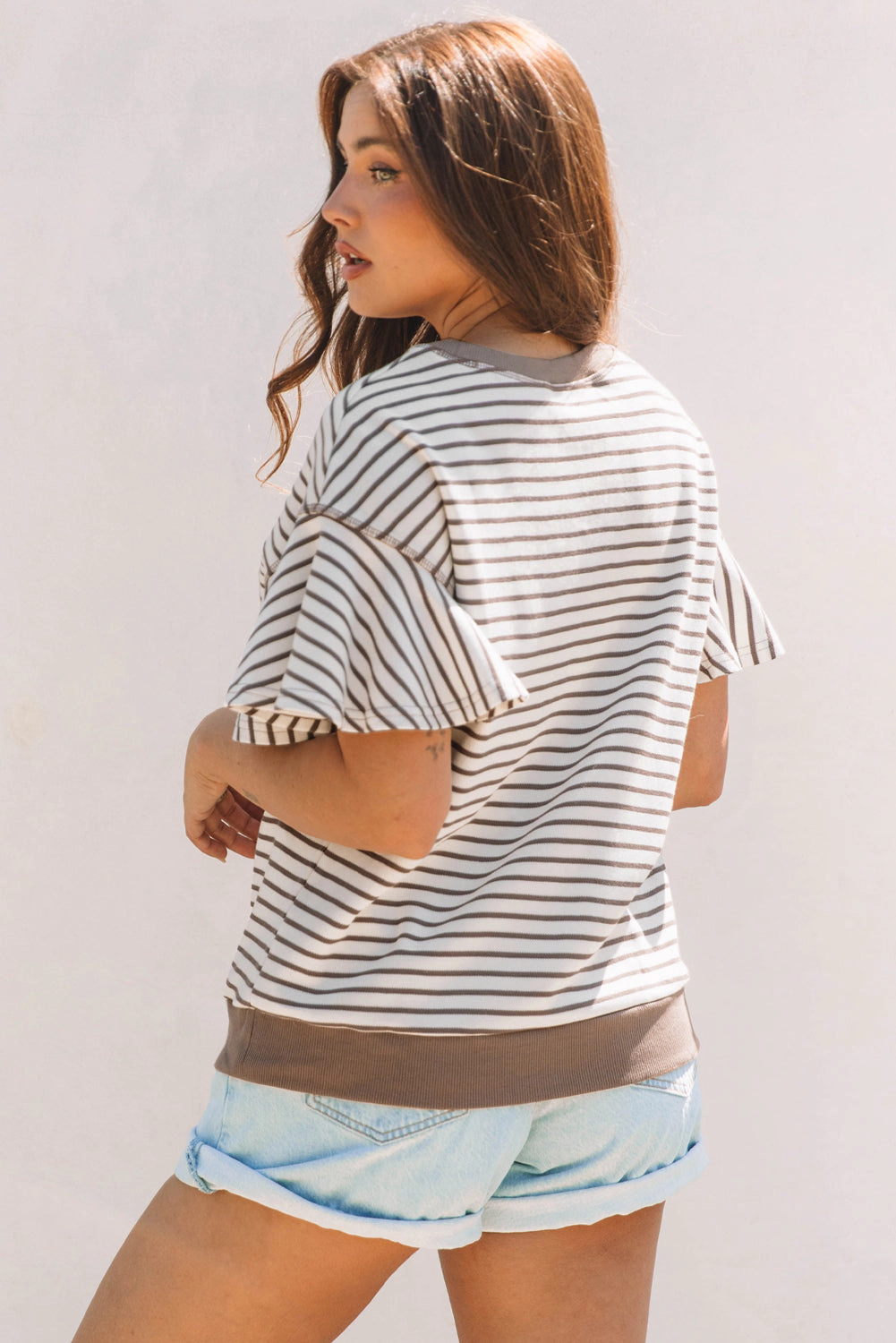 Threaded Pear Women's Alexia Striped Ruffle Short Sleeve Top