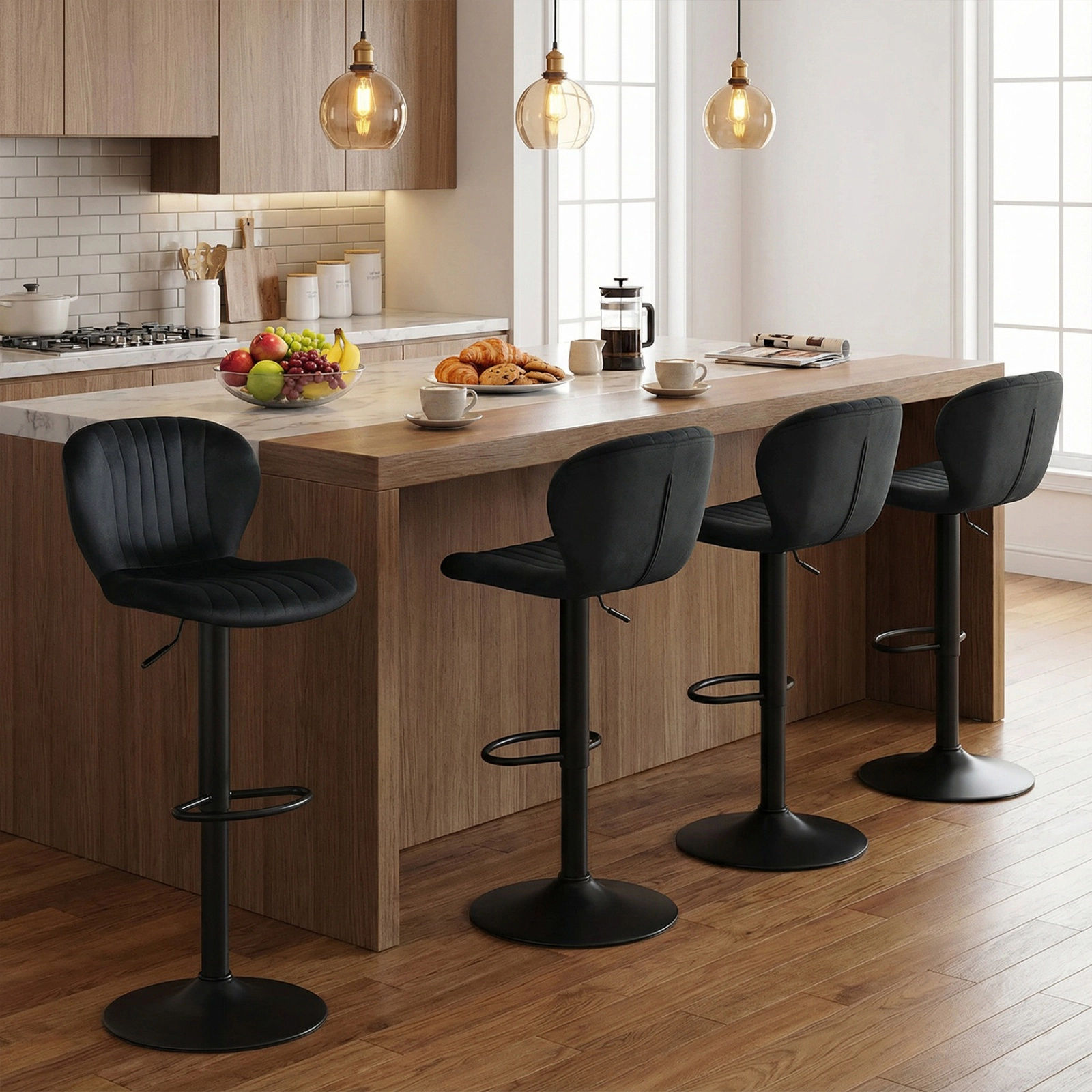 SUGIFT Velvet Upholstered Back Set of 2 Black Adjustable Swivel Counter Height Stools