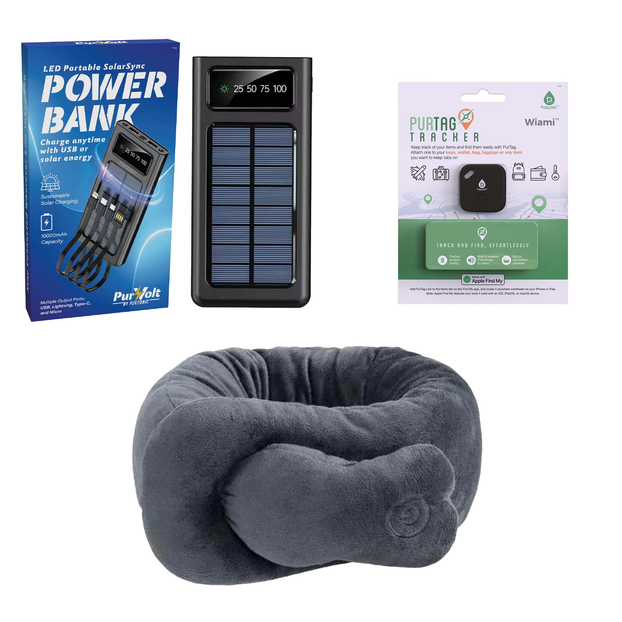 Pursonic Unisex Portable Power Bank, Tracker & Neck Massager Travel Bundle