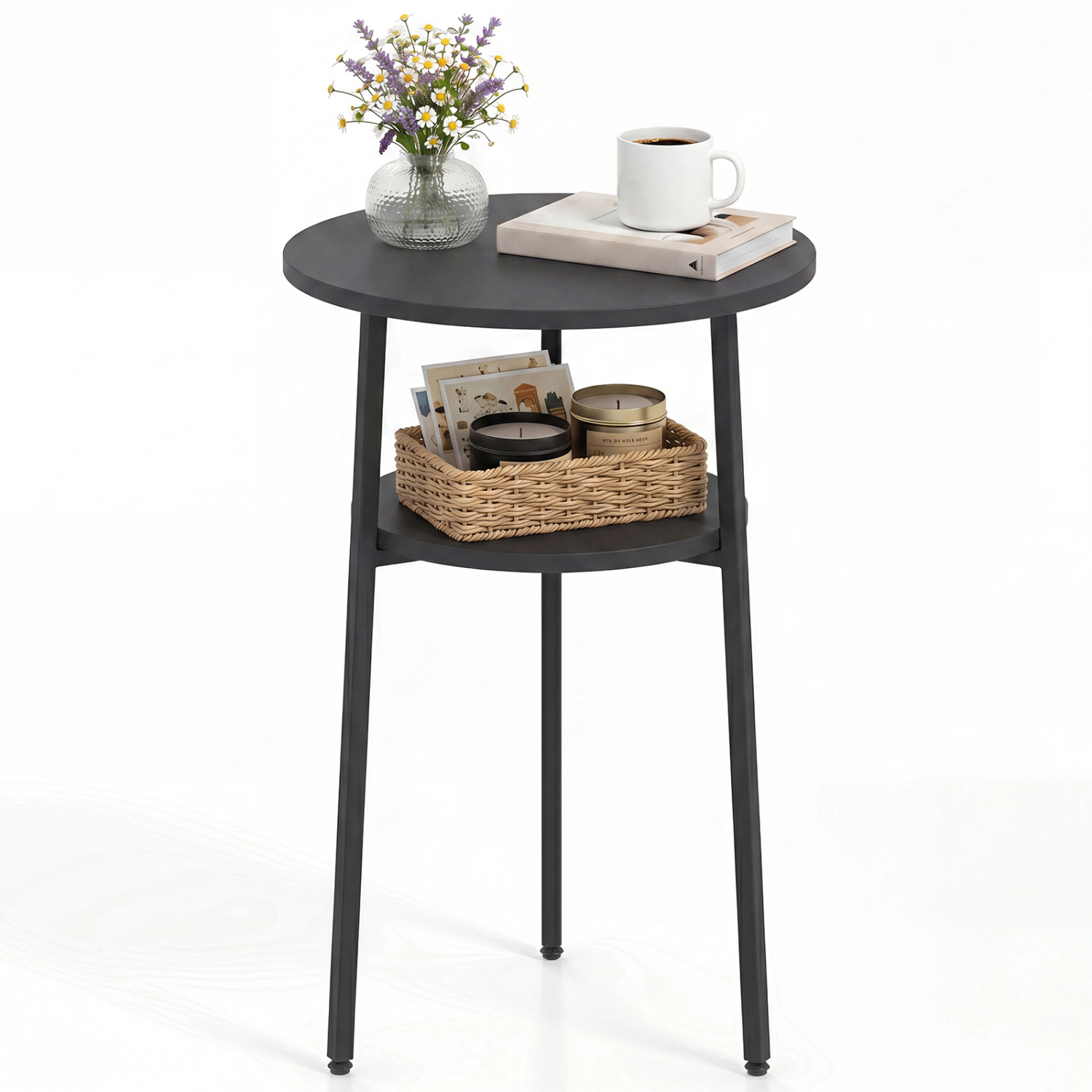 Glintex Round 2-Tier Side Table with Metal Frame and 90-Lb Tabletop