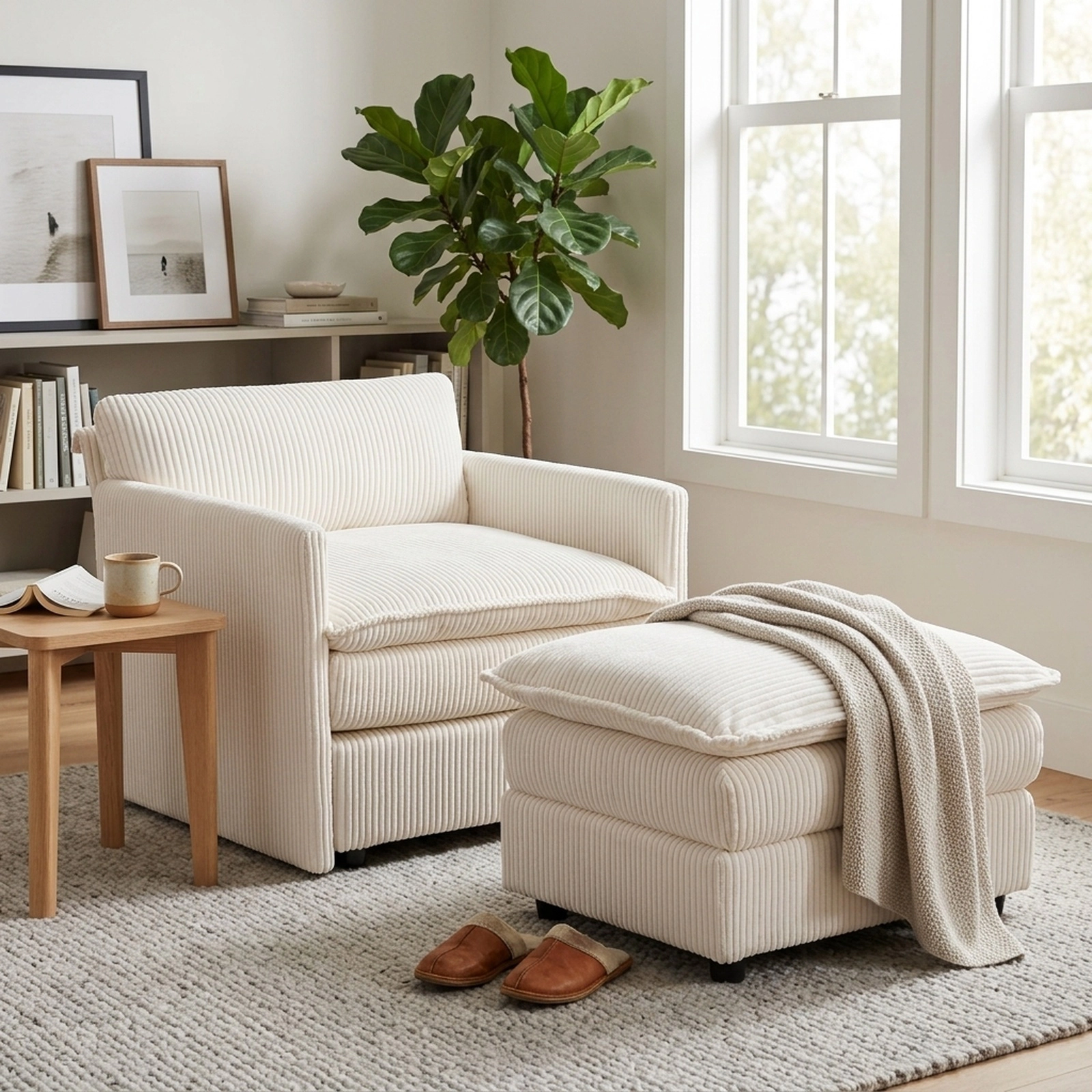SUGIFT Oversized Beige Corduroy Accent Chair with Ottoman, Deep Seat