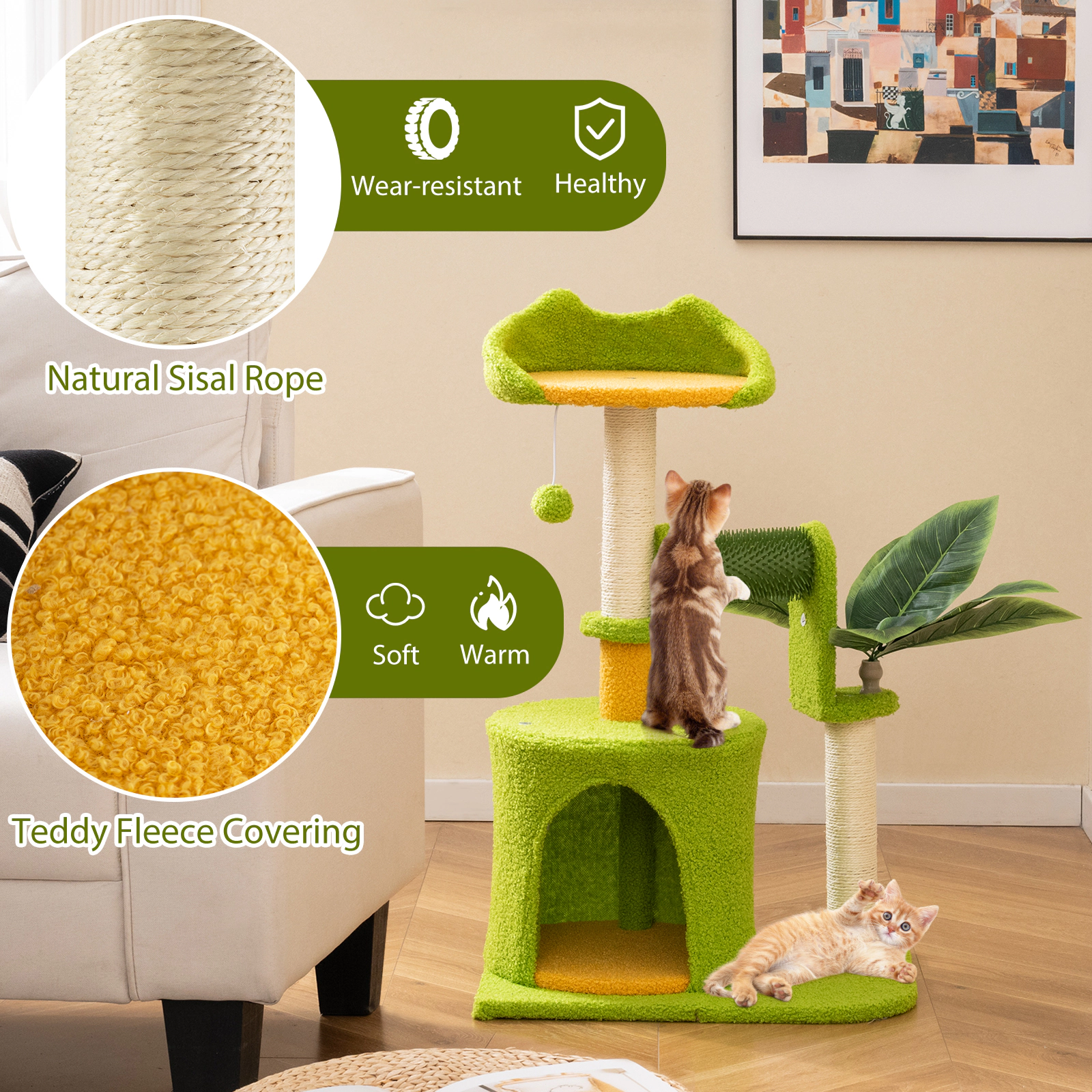 SUGIFT Green Palm Cat Tree for Indoor Cats with Artificial Leaves and Self-Groomer