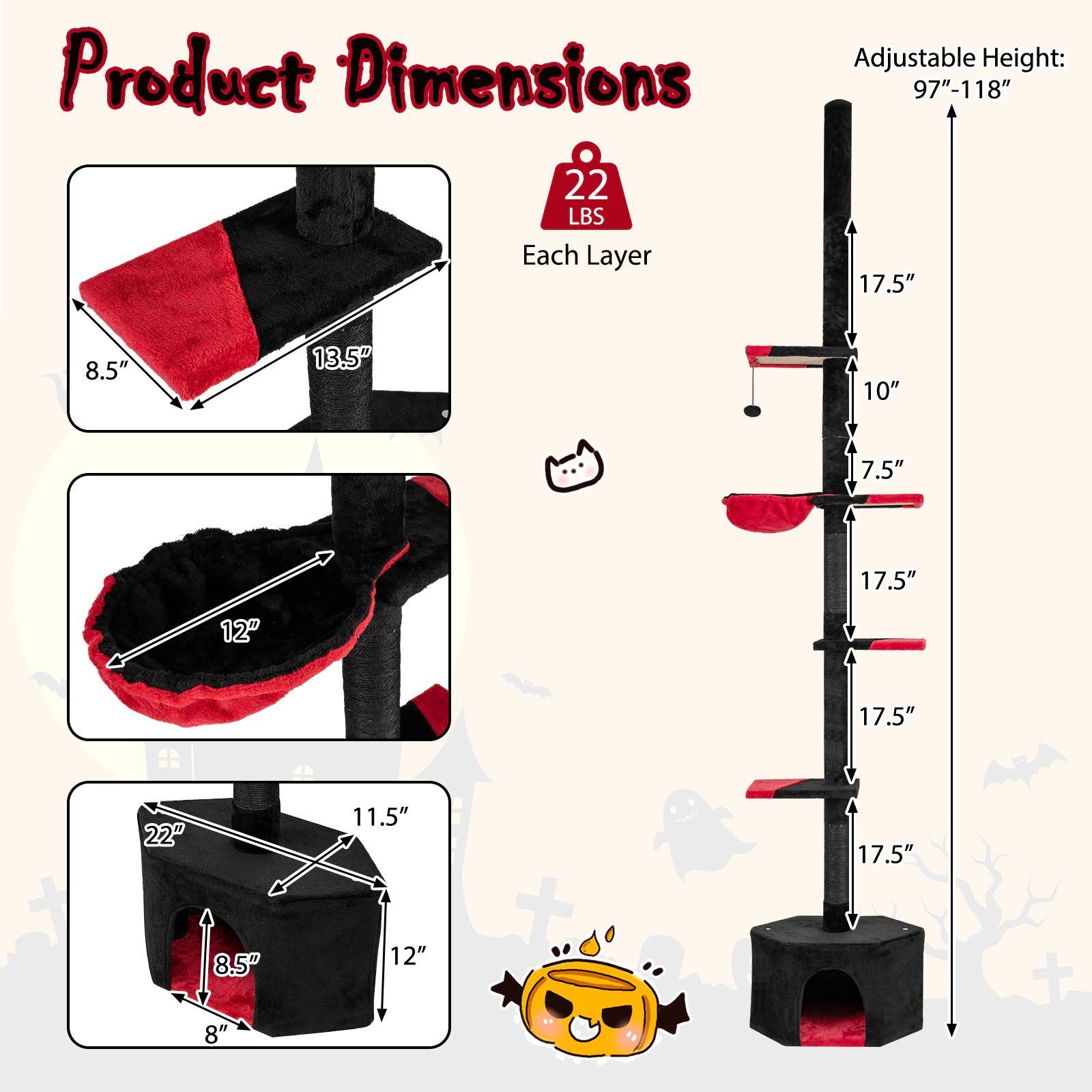 SUGIFT Adjustable Floor to Ceiling Gothic Cat Tree 97-118-in Tall 5-Tier Condo 22-lb Layers Red+Black