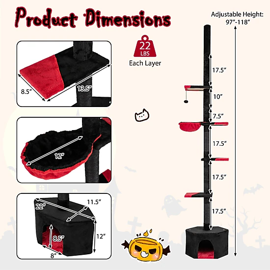 Glintex Floor-to-Ceiling Gothic Cat Tree with 97 to 118-Inch Adjustable Tension Rod, Red