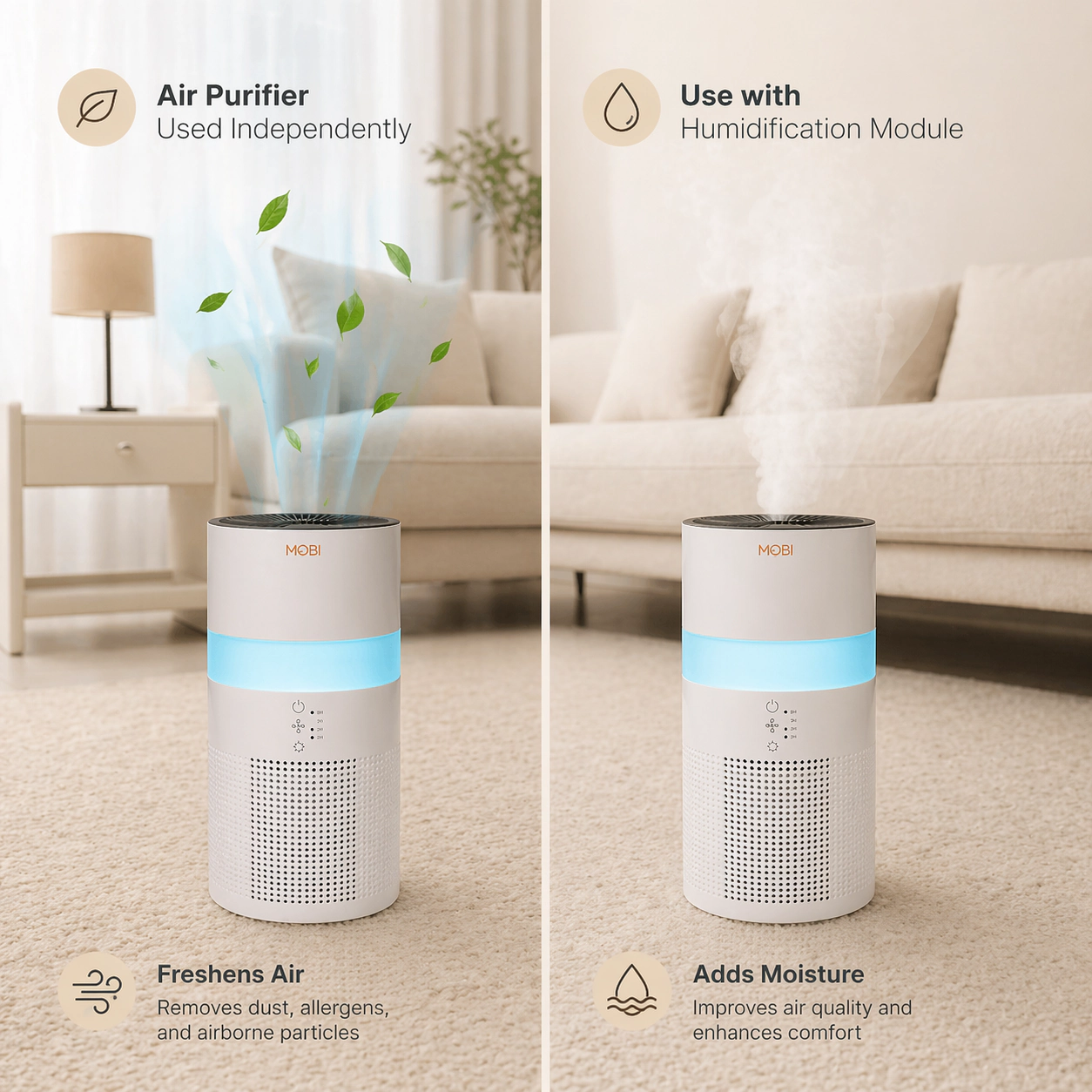 MOBI Smart 4-in-1 Air Purifier & Humidifier with HEPA, Aromatherapy & Nightlight
