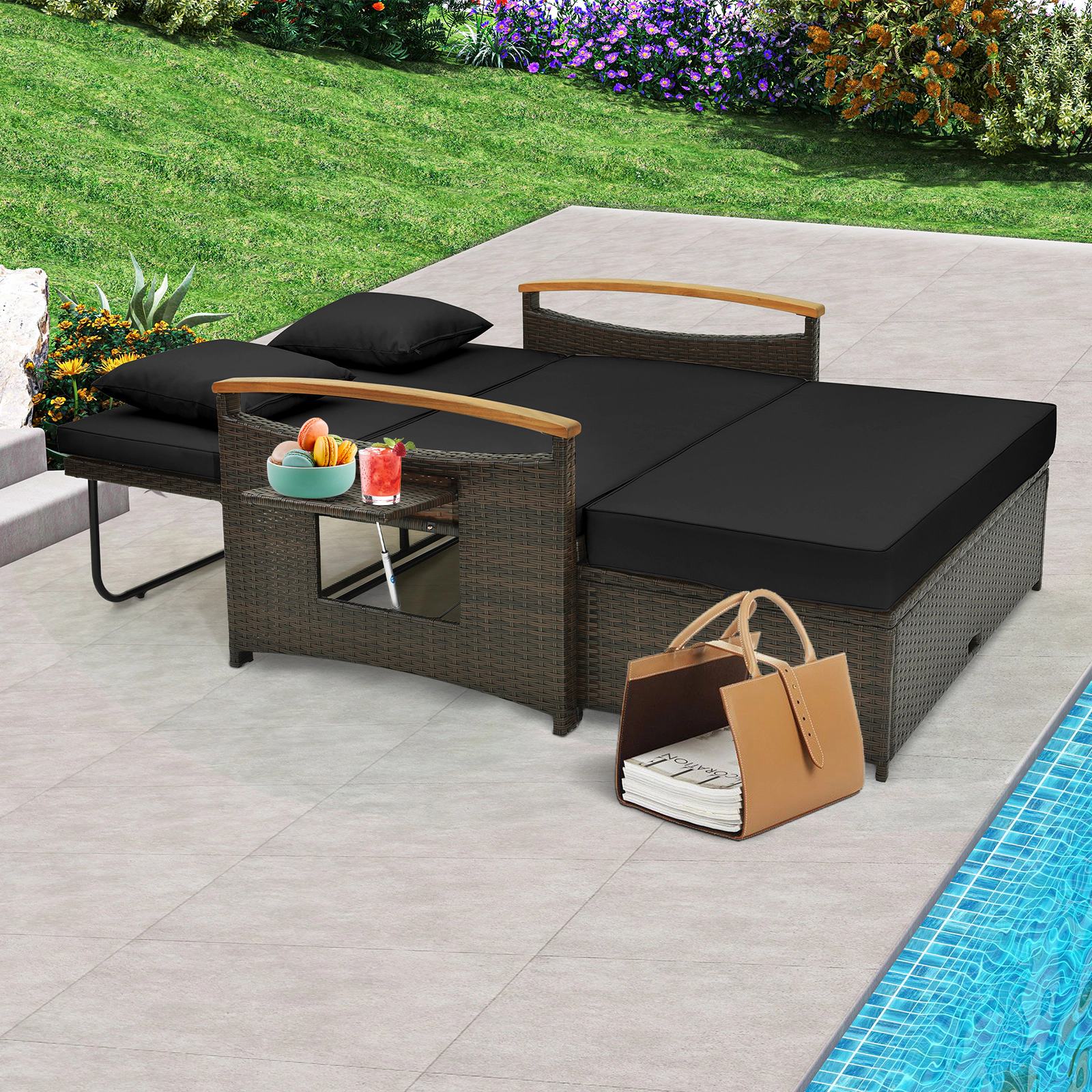 SUGIFT Outdoor Wicker Daybed with Folding Panels and Storage Ottoman 800-lb Loveseat Capacity Mix Brown/Mix Gray
