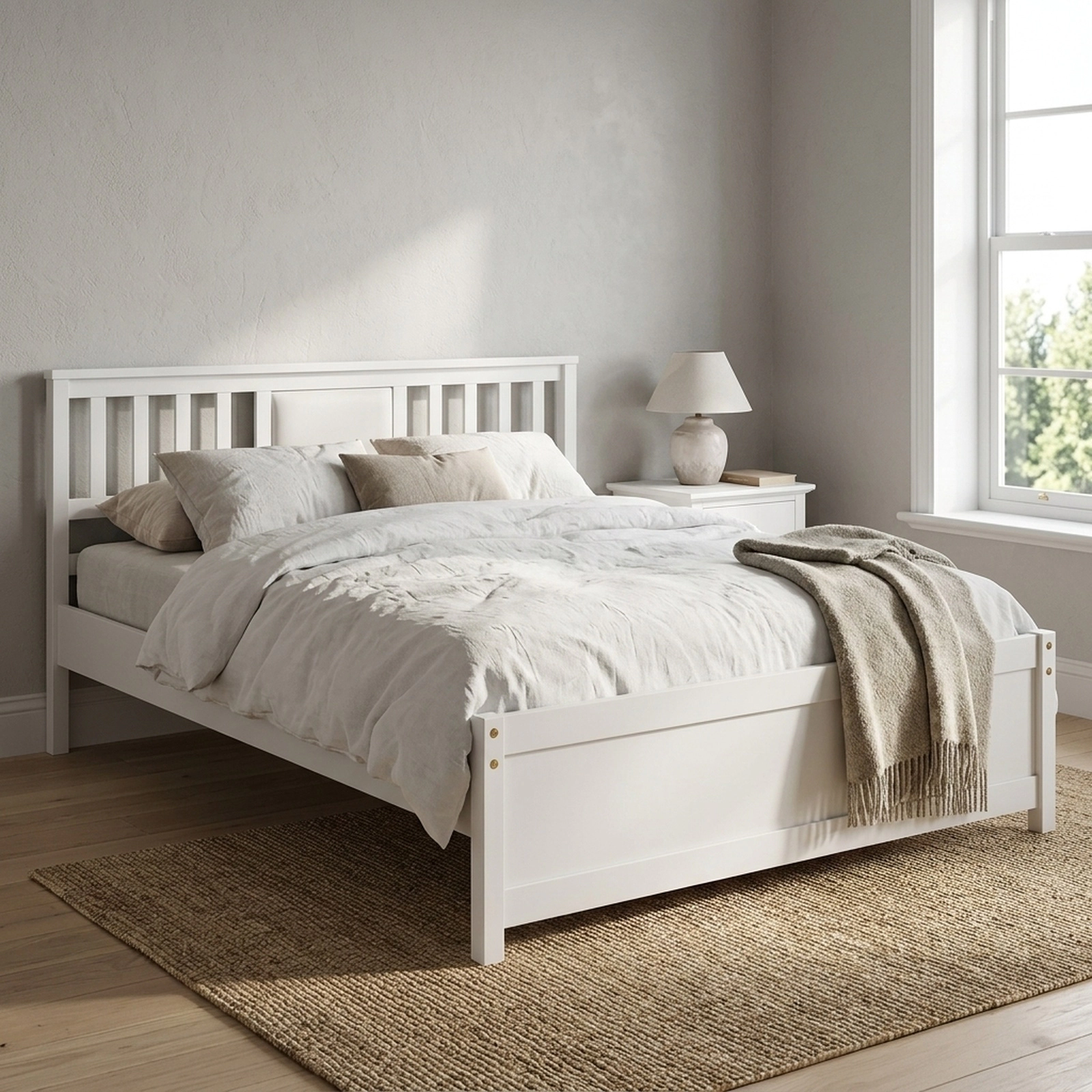 SUGIFT Queen White Wooden Platform Bed Frame with Panel Headboard and Footboard