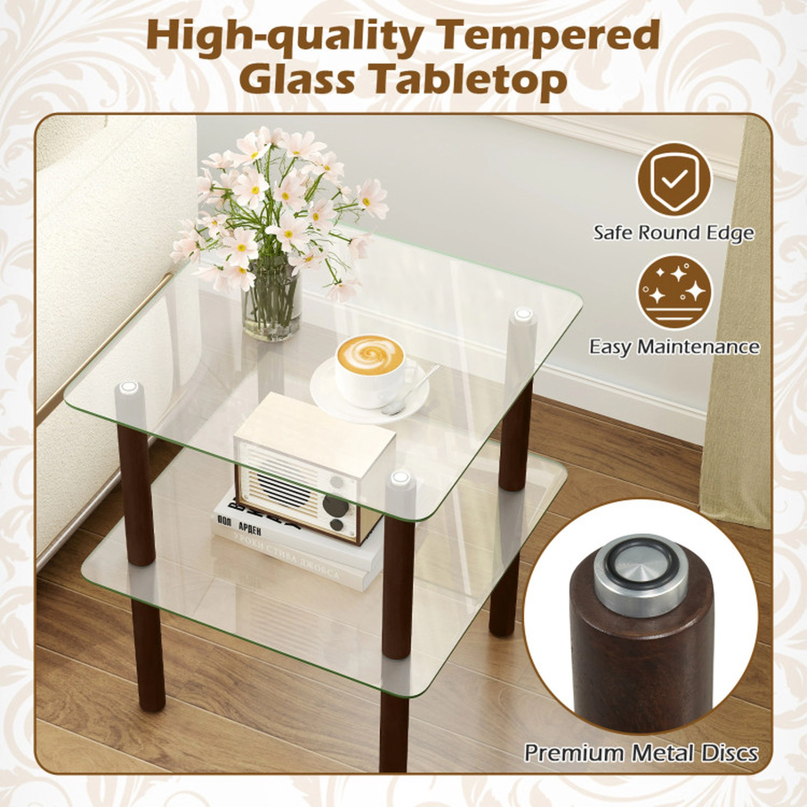 SUGIFT 2-Tier Square End Table with Shelf and Clear Tempered Glass Top 110-lb Capacity 21-in Square Frame Brown