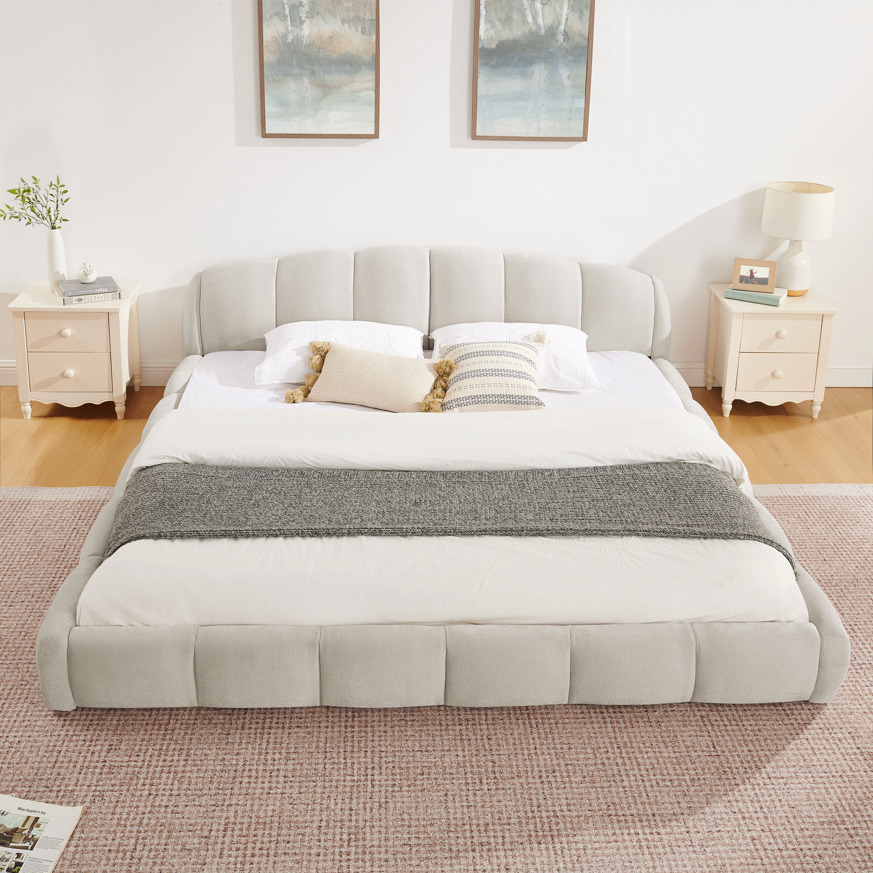 Flynama King Chenille Platform Bed, Thick Curved Headboard & Footboard, Low Profile, Beige