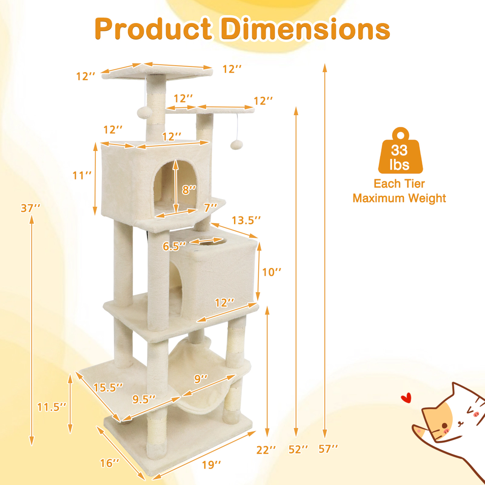 SUGIFT 57-in Beige Cat Tree Tower with 2 Condos Hammock Dangling Balls and 29-in Wide Weighted Base
