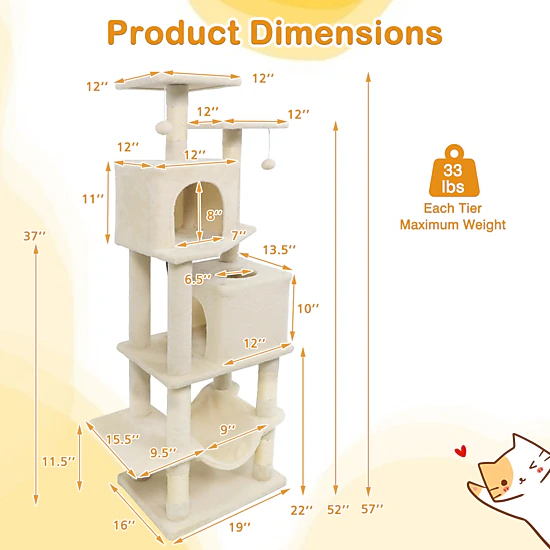 SUGIFT 57-in Beige Cat Tree Tower with 2 Condos Hammock Dangling Balls and 29-in Wide Weighted Base