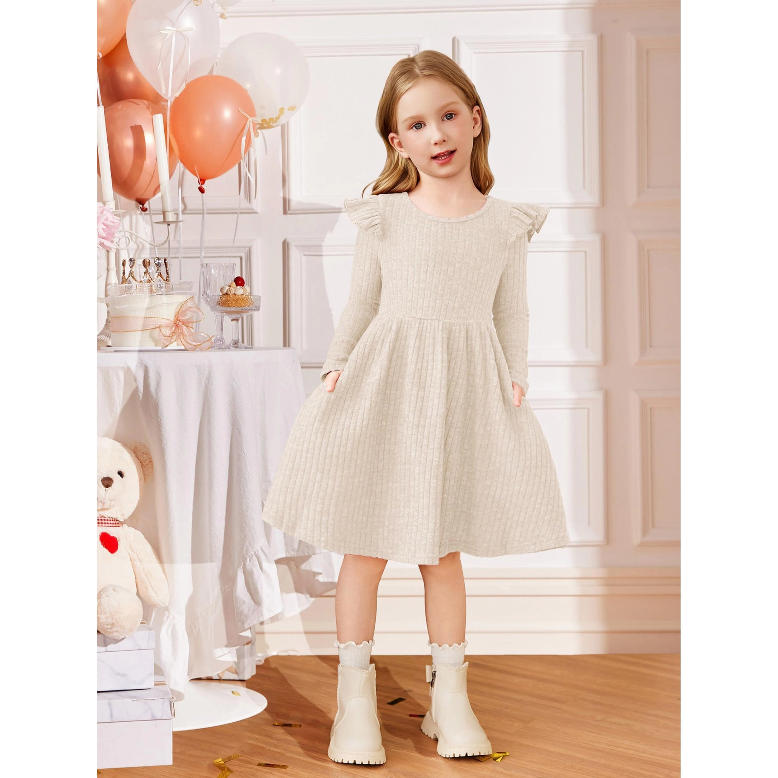 Arshiner Toddler Girl Dress Baby Girls Knitted Ruffle Sleeve Pocket Dresses Aline Flared Fall
