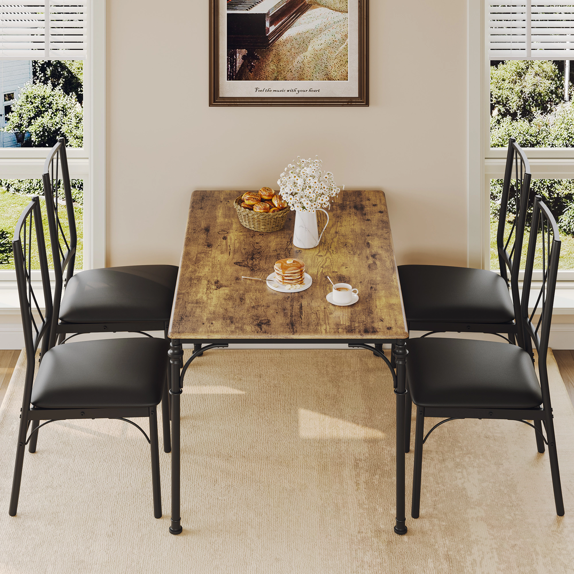BebreezChic 5-Piece Dining Set, Rectangular Table & 4 Fabric Chairs, Natural Wood Grain