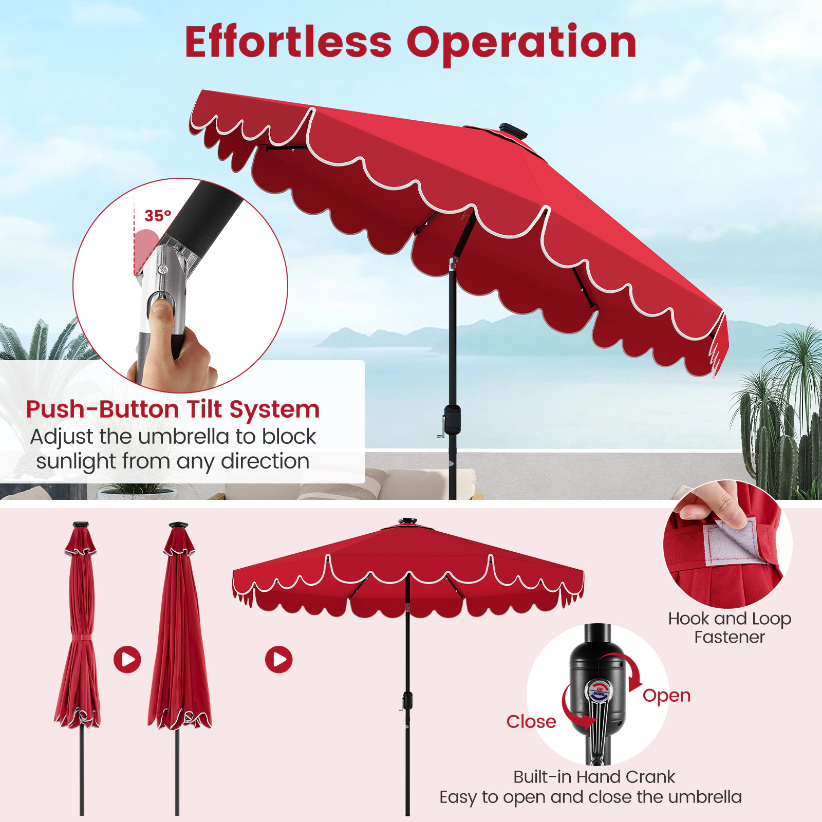 SUGIFT 9.3-ft Red Round Solar Patio Umbrella with 24 LED Lights Vented Top Push-Button Tilt and Ruffled Edge