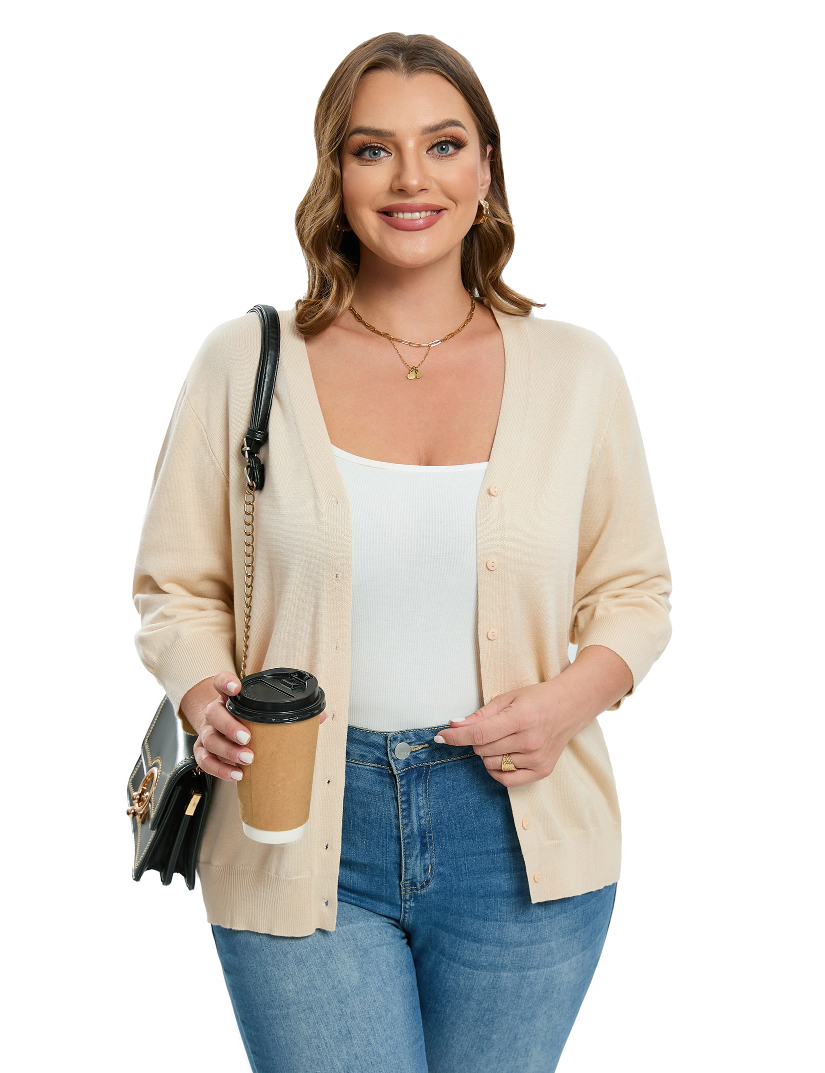 KOJOOIN Women's 3/4 Sleeve Button Front Cardigan V-Neck Ribbed Trim Lightweight Knit Sweater Tops
