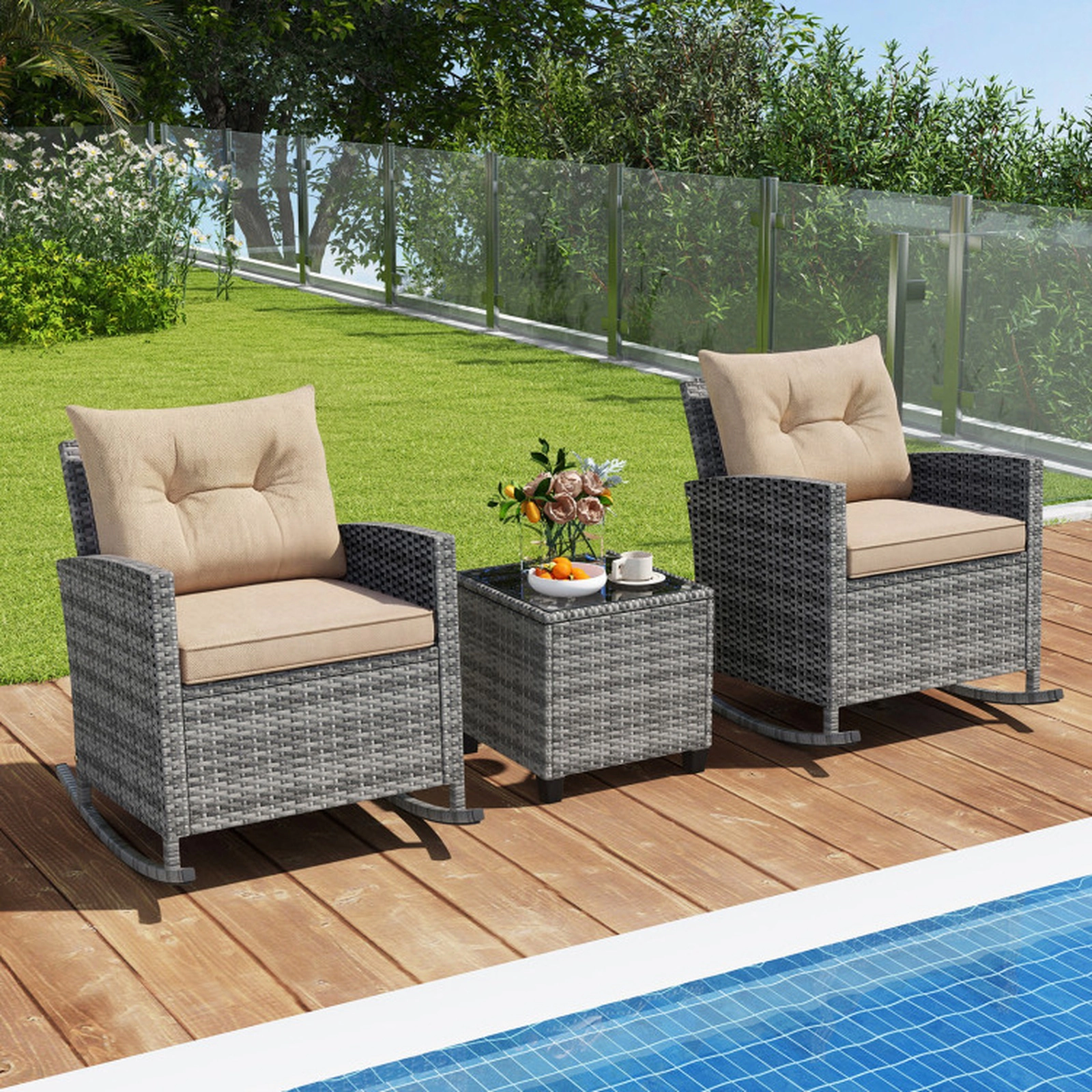 SUGIFT Beige Tempered Glass Table and Cushions 3-Piece Patio Rattan Rocking Chair Set