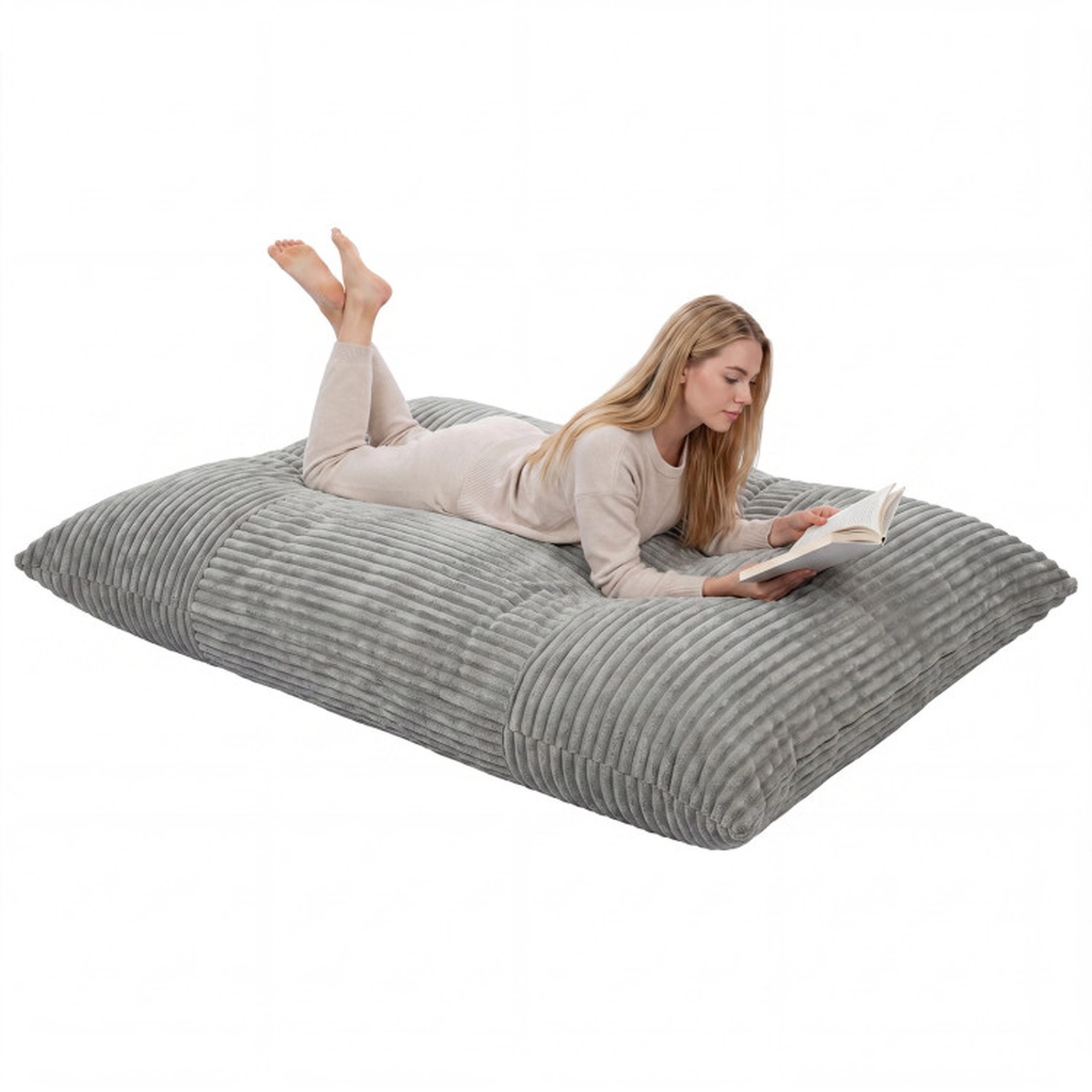 SUGIFT Convertible Bean Bag Floor Sofa and Bed Accent Chair with Machine-Washable Corduroy Cover 76.5-in Long Gray