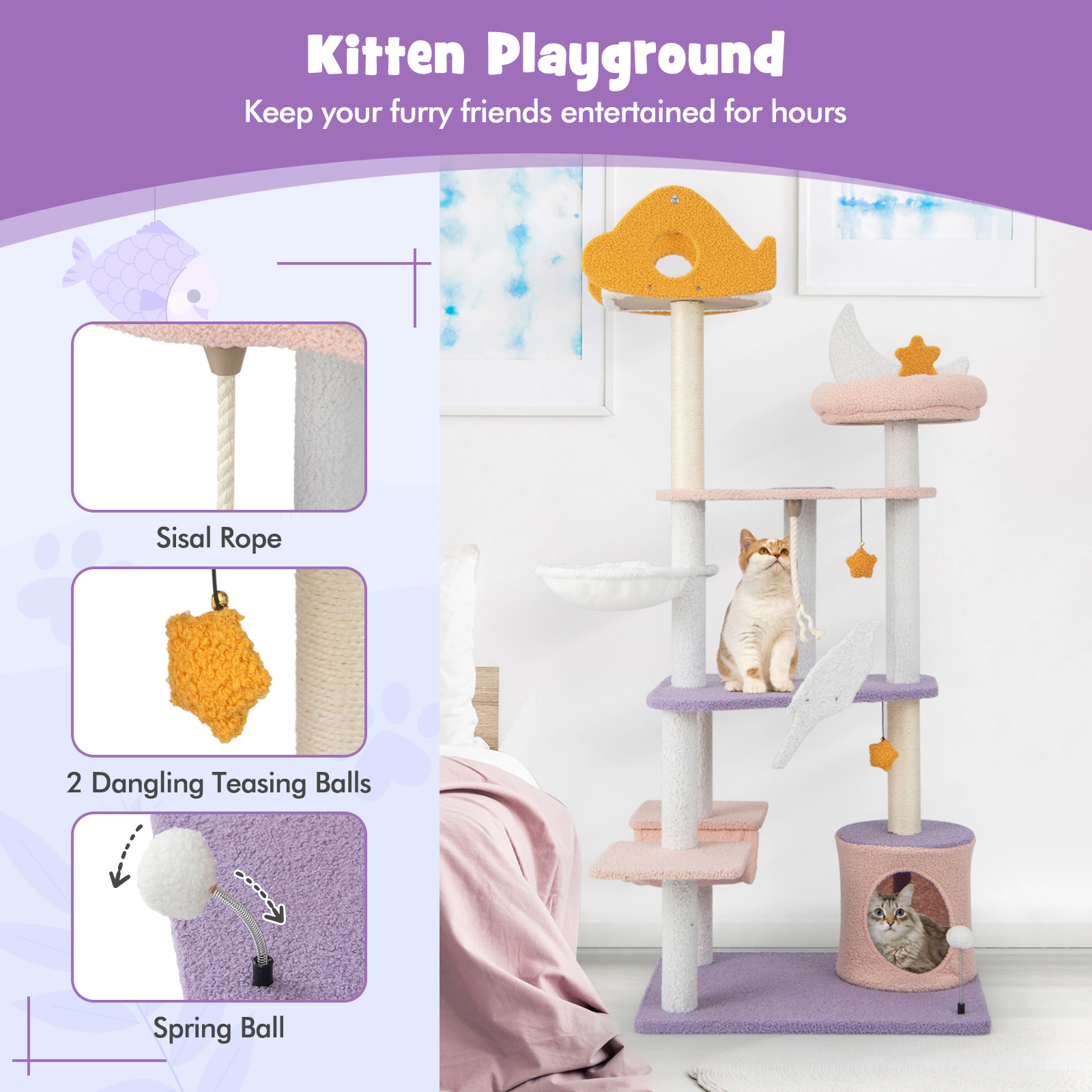 SUGIFT Purple 4-Platform Cat Tree Tower with Hammock and Scratching Posts 27-in W 19-in D 66-in H 33-lb Per Perch