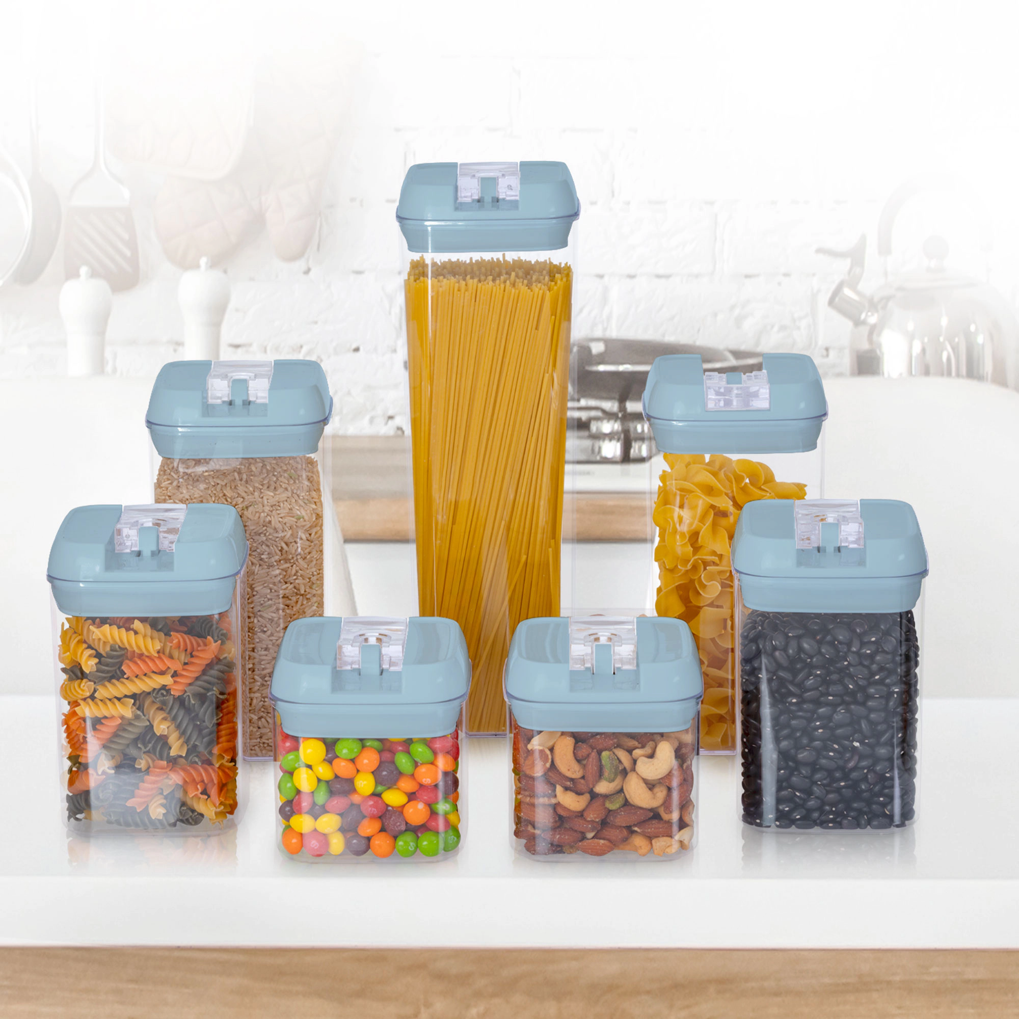 Cheer Collection 7-Piece Blue Airtight Pantry Food Storage Container Set with Labels