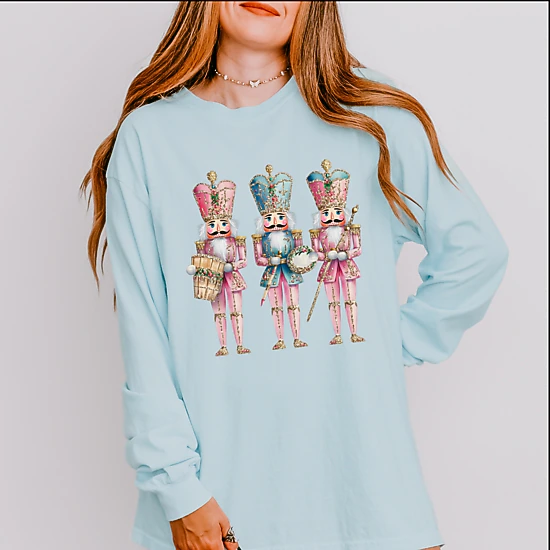 Simply Sage Market - Women's Garment Dyed Long Sleeve Graphic T-Shirt - Nutcracker Pink