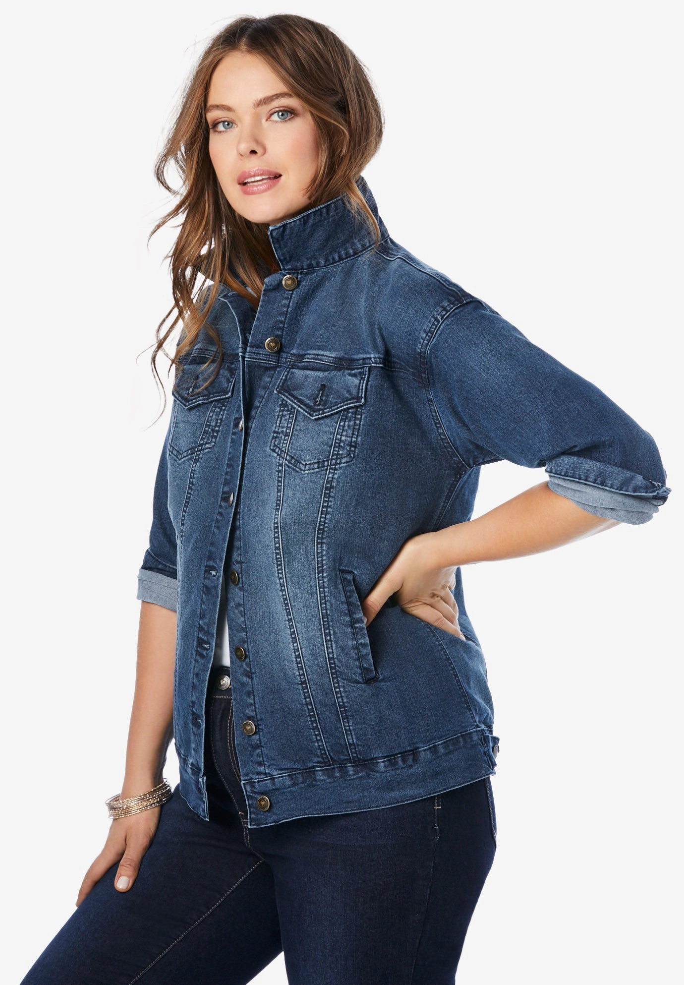 Roaman's Women's Plus Boyfriend Stretch Denim Jacket